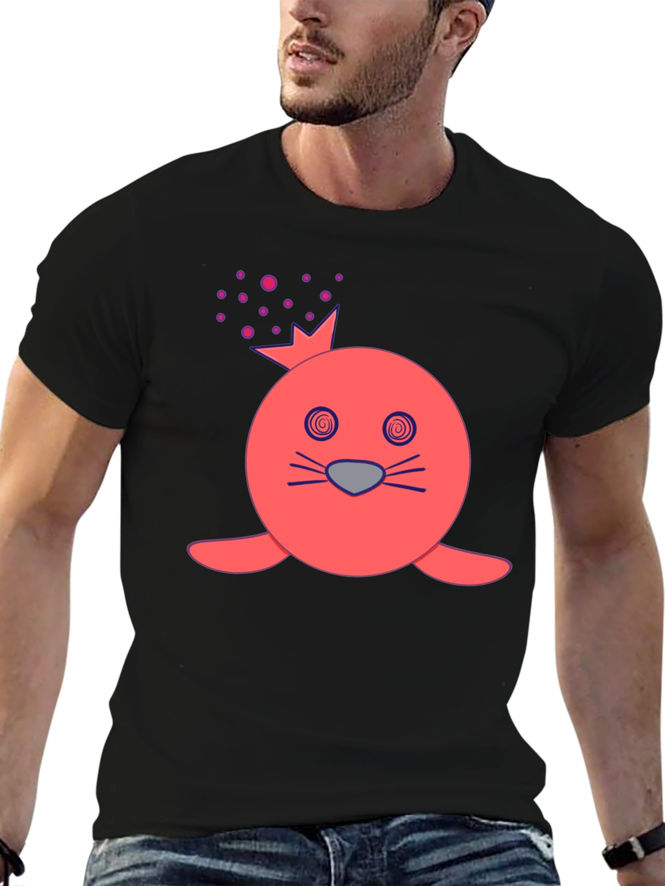 Funny Seal Crown Graphic Tee - Mens Black T-Shirt