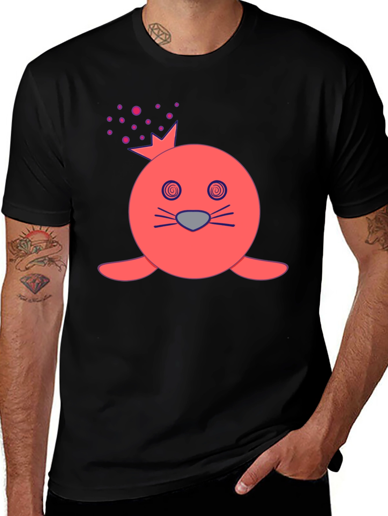 Funny Seal Crown Graphic Tee - Mens Black T-Shirt