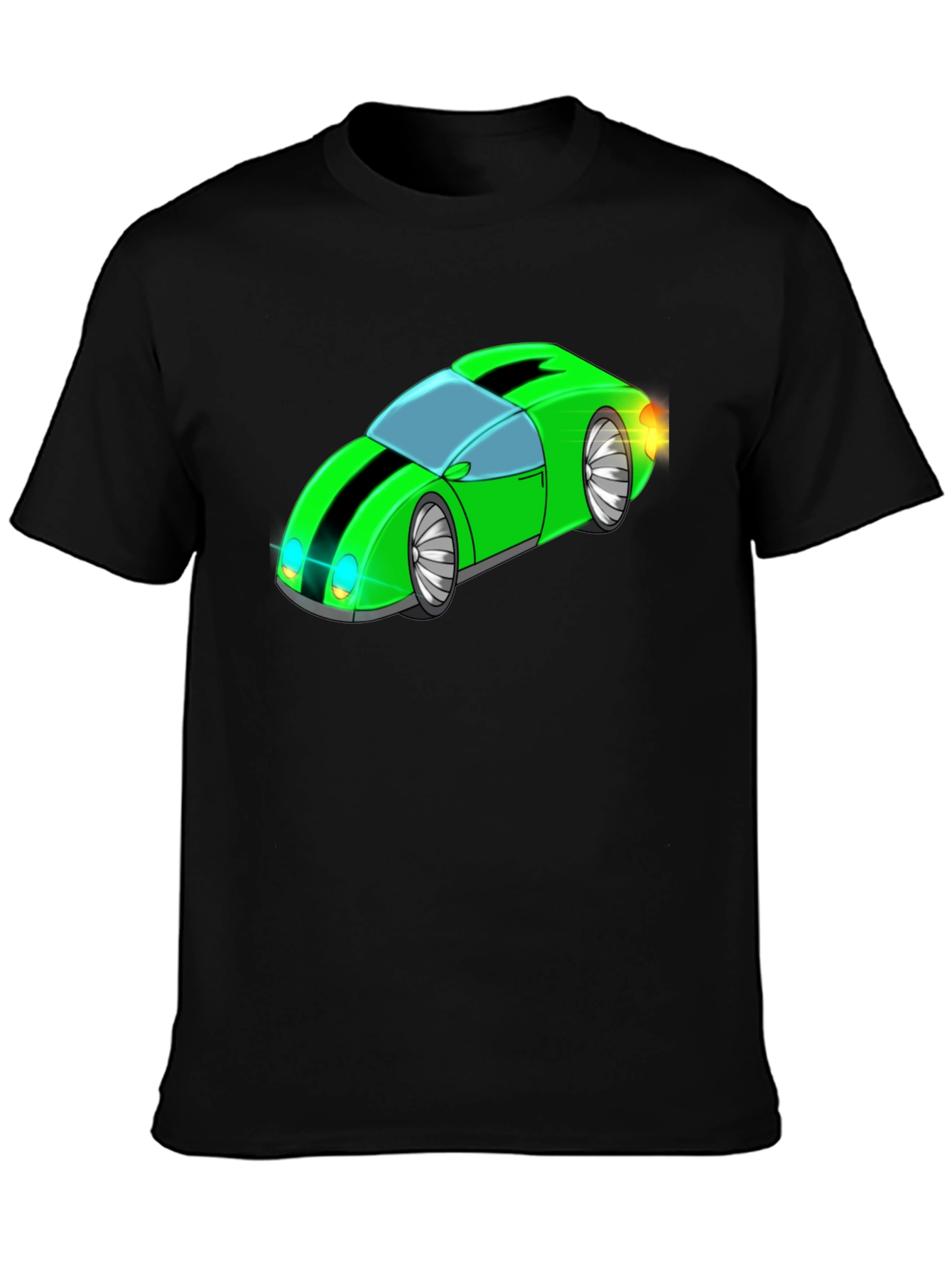 Green Cartoon Car Graphic Black T-Shirt