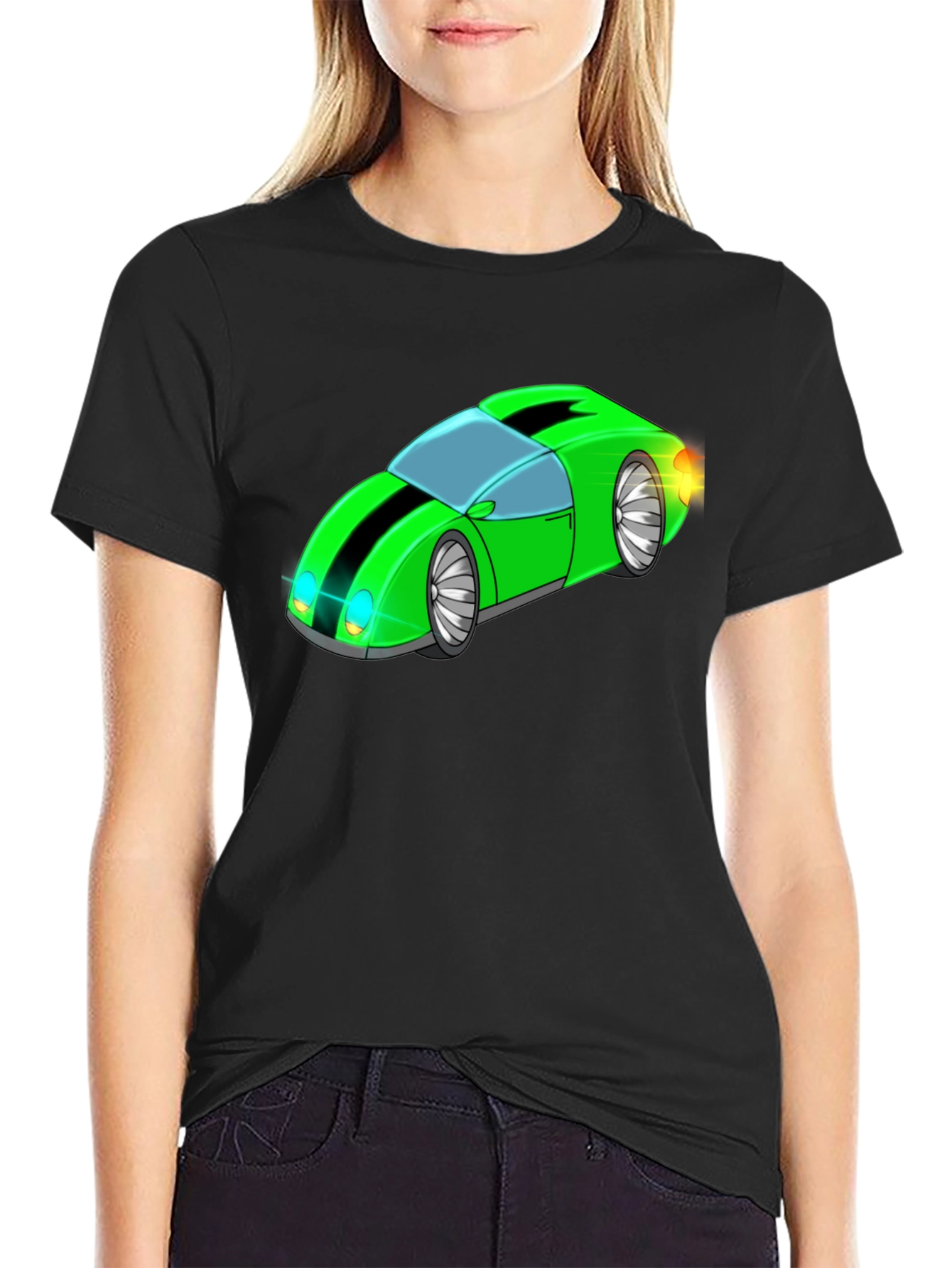 Green Cartoon Car Graphic Black T-Shirt