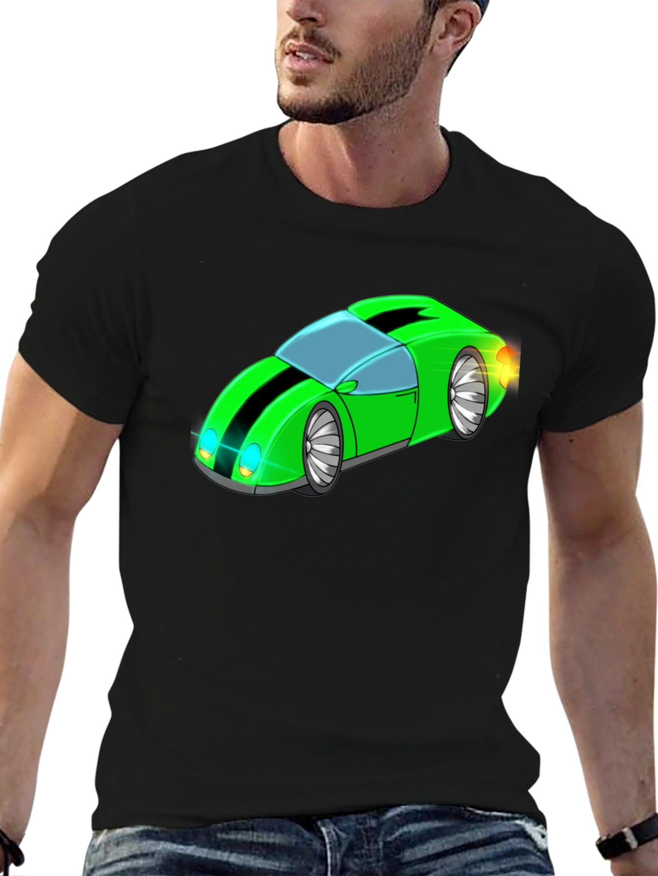 Green Cartoon Car Graphic Black T-Shirt