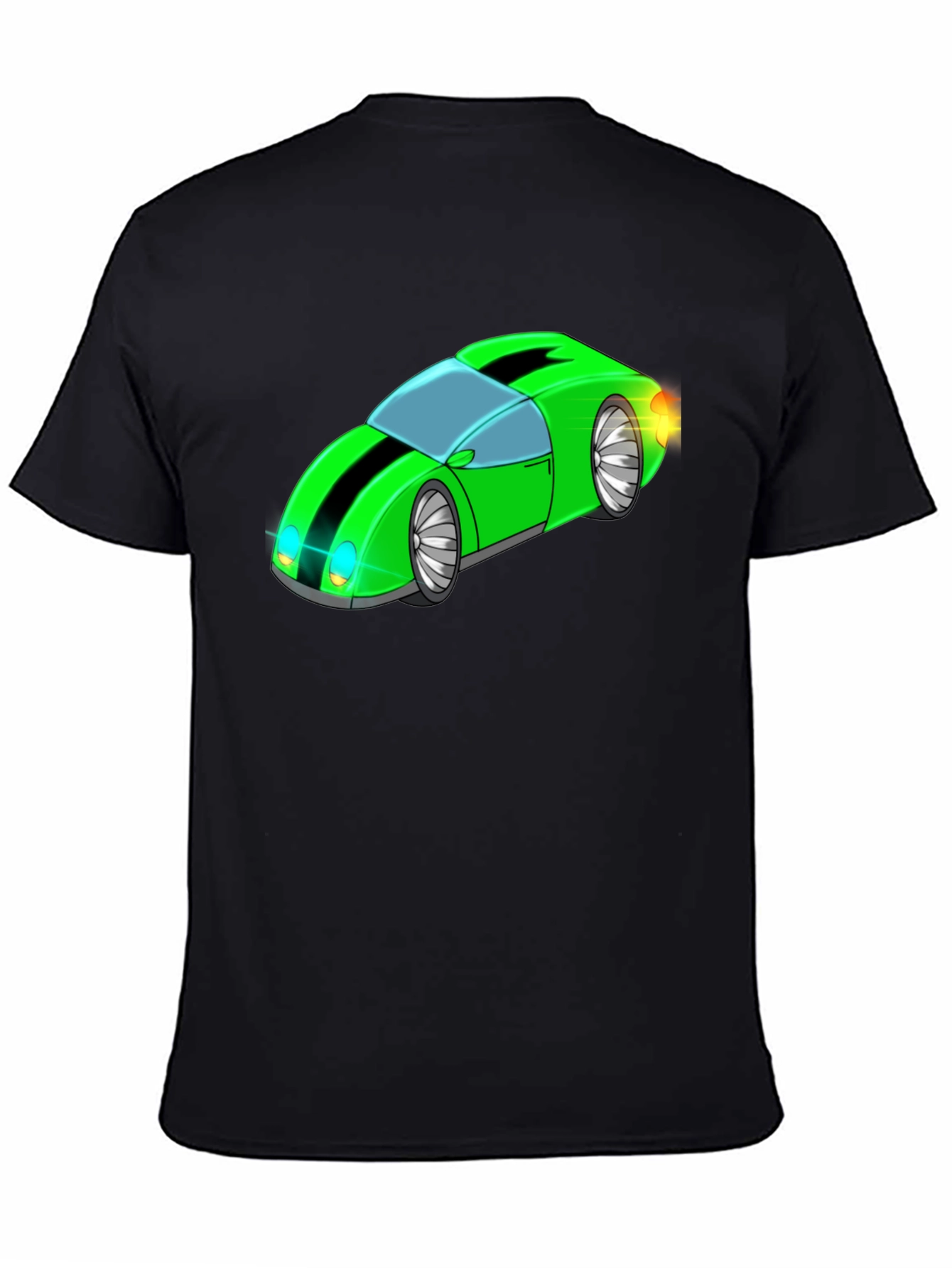 Green Cartoon Car Graphic Black T-Shirt