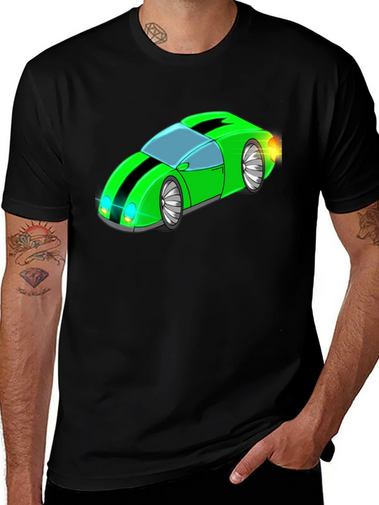 Green Cartoon Car Graphic Black T-Shirt