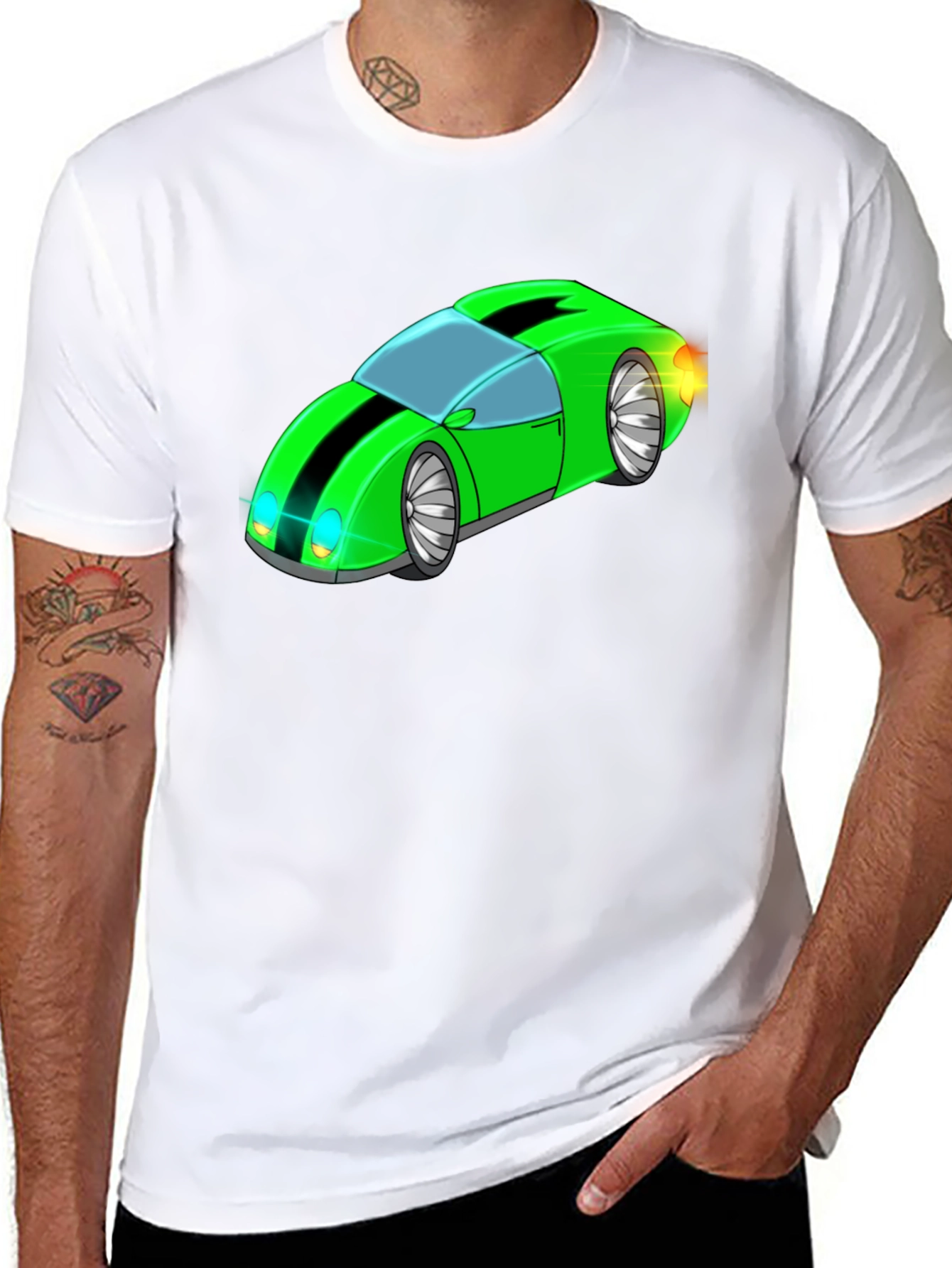 Green Cartoon Car Graphic Black T-Shirt