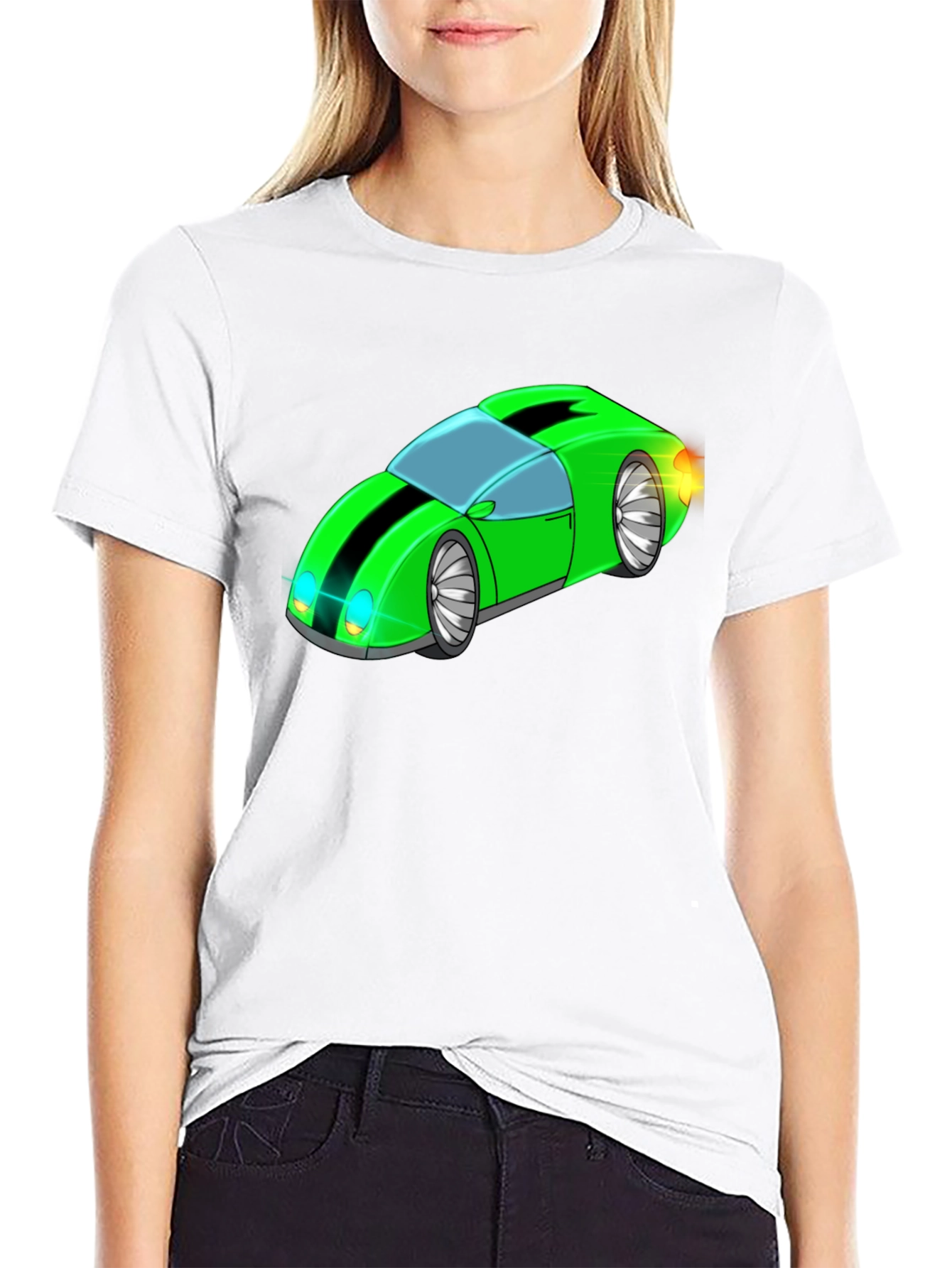 Green Cartoon Car Graphic Black T-Shirt