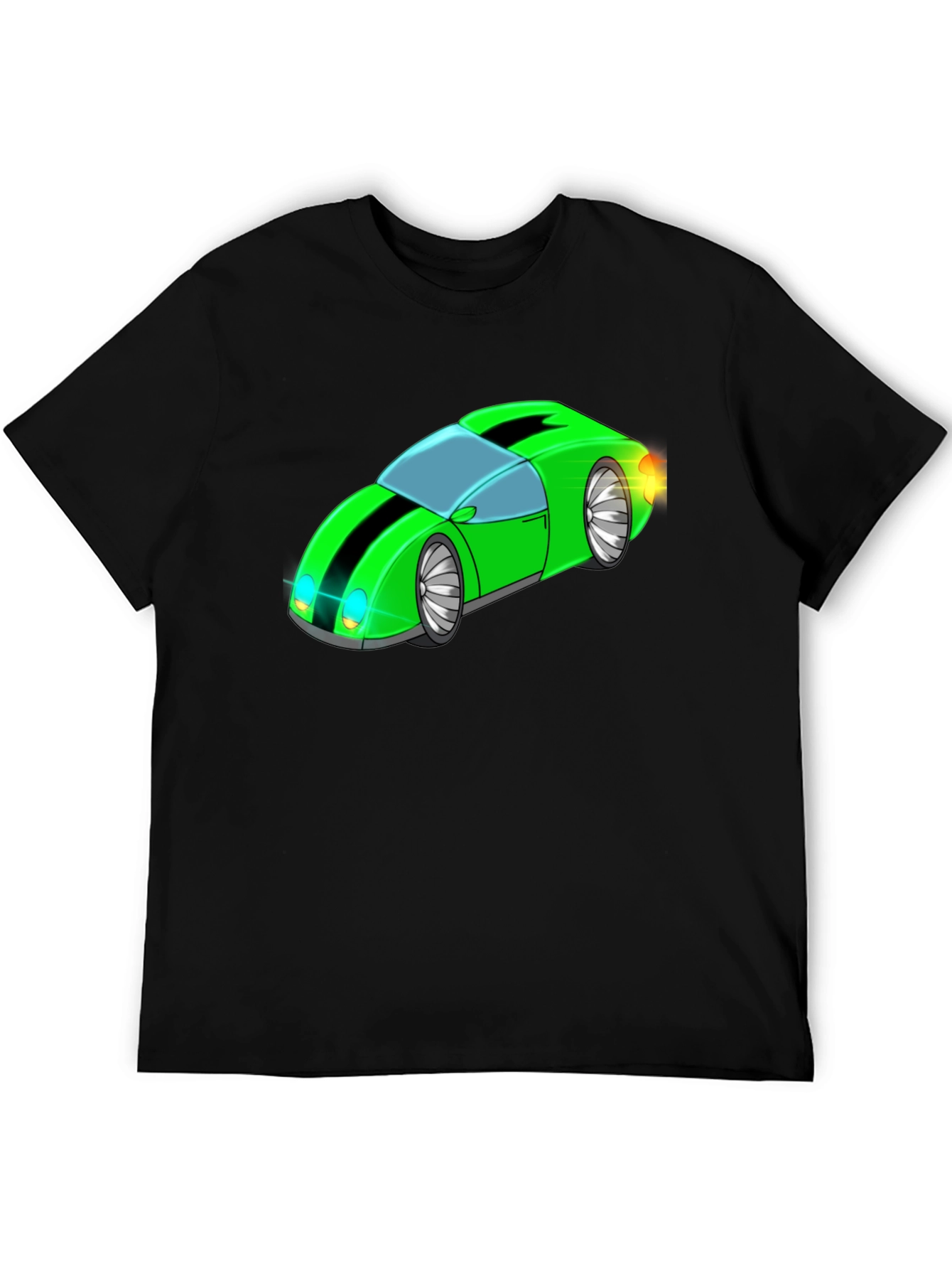 Green Cartoon Car Graphic Black T-Shirt
