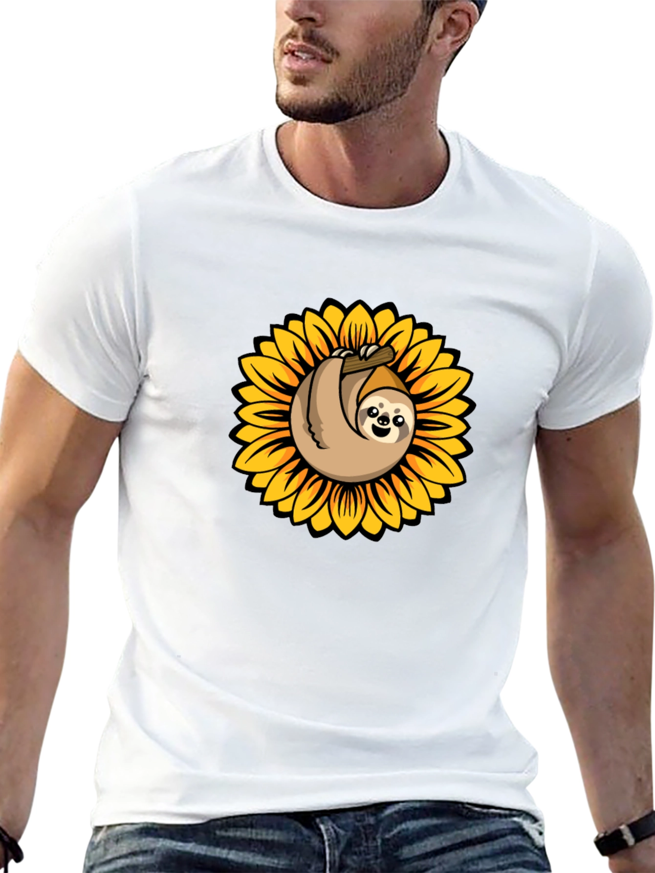 Sloth Sunflower Graphic Tee - Black Cotton T-Shirt