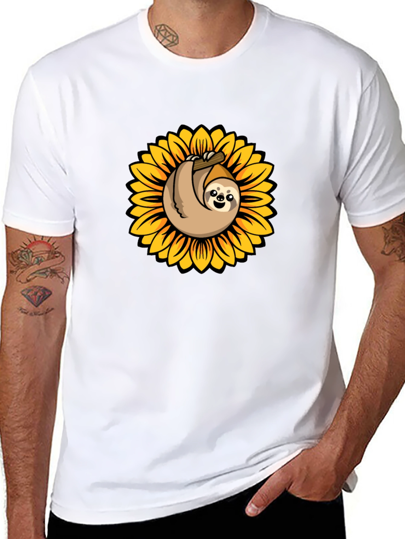 Sloth Sunflower Graphic Tee - Black Cotton T-Shirt