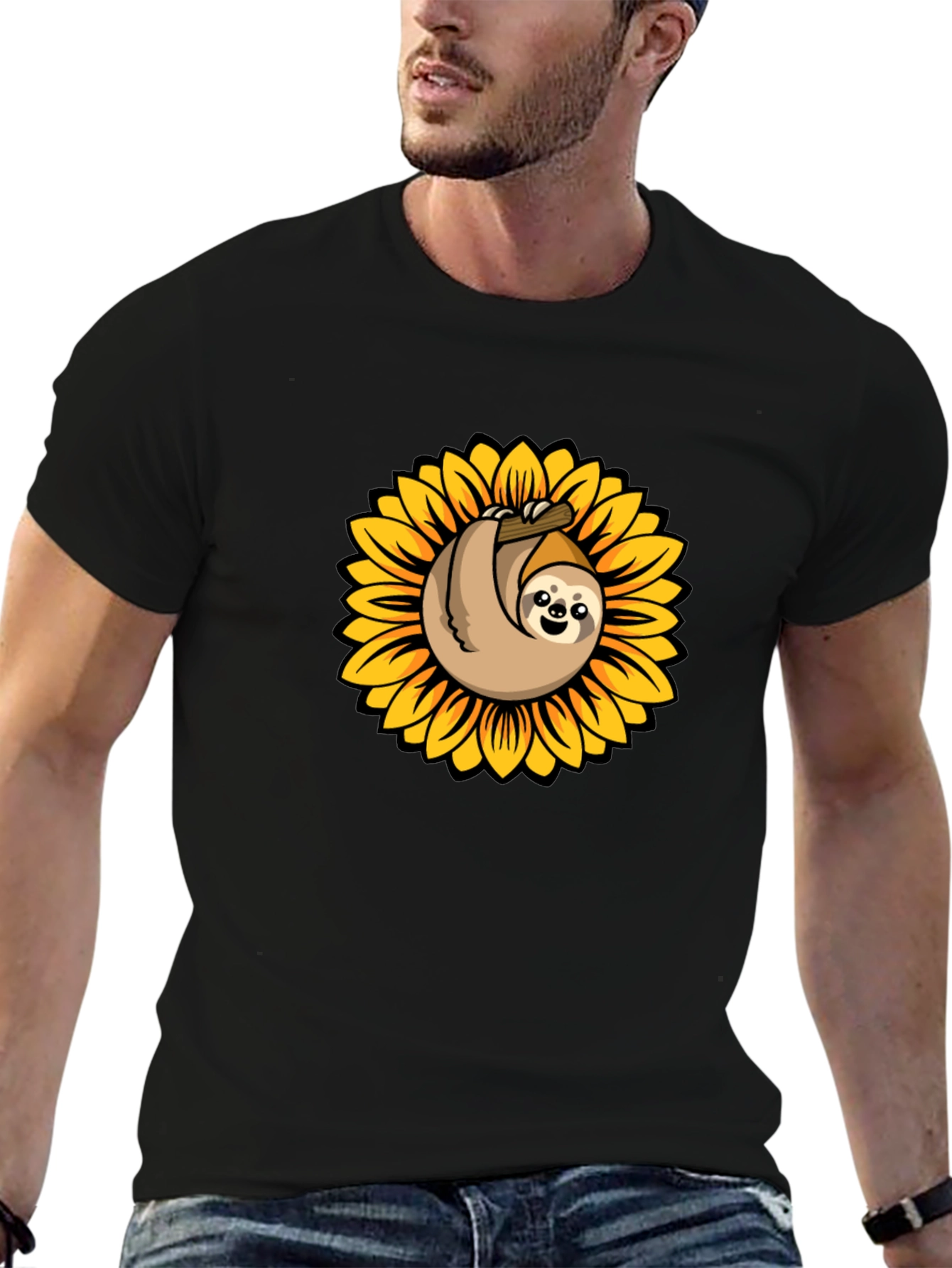 Sloth Sunflower Graphic Tee - Black Cotton T-Shirt