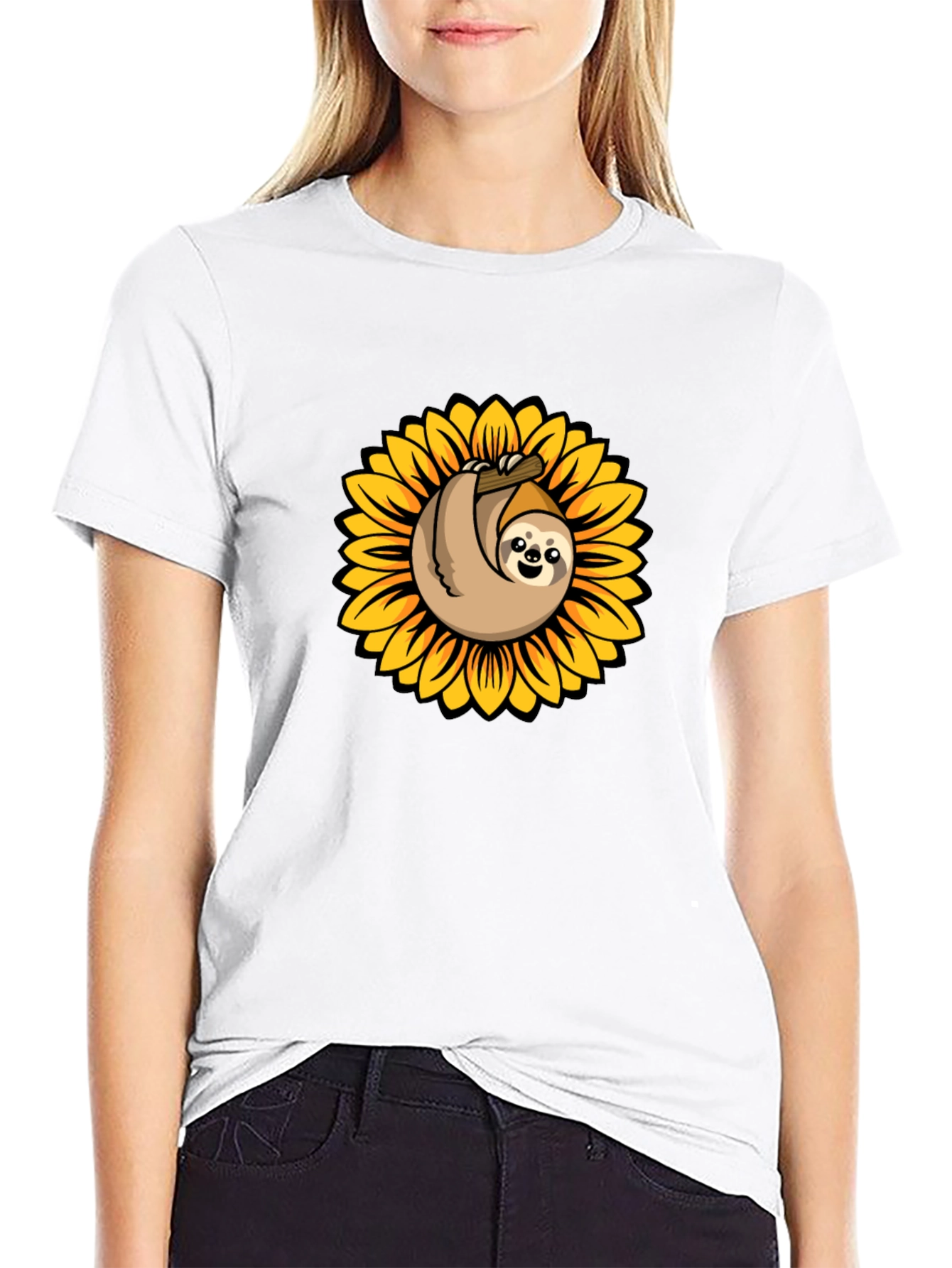 Sloth Sunflower Graphic Tee - Black Cotton T-Shirt