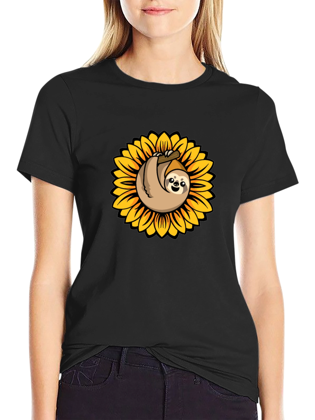 Sloth Sunflower Graphic Tee - Black Cotton T-Shirt