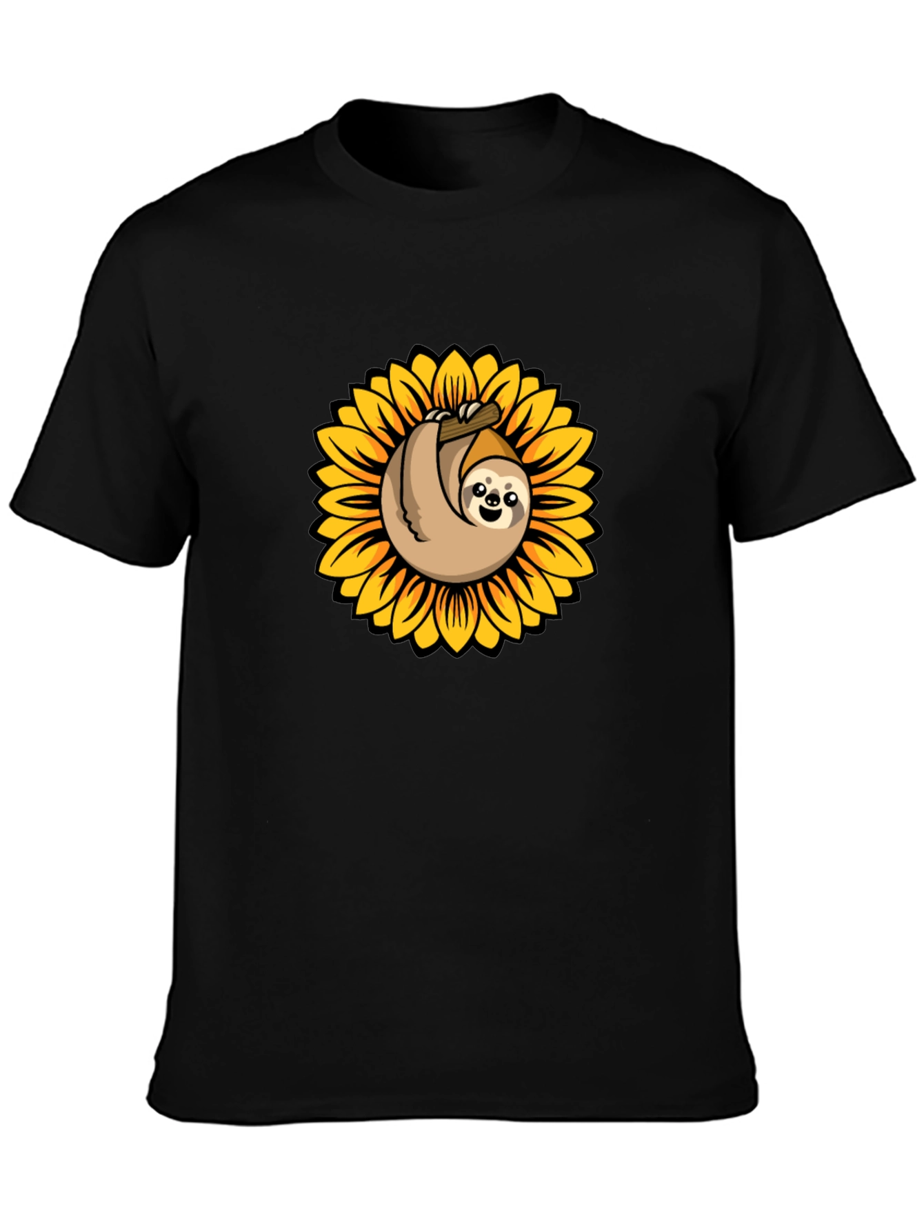 Sloth Sunflower Graphic Tee - Black Cotton T-Shirt