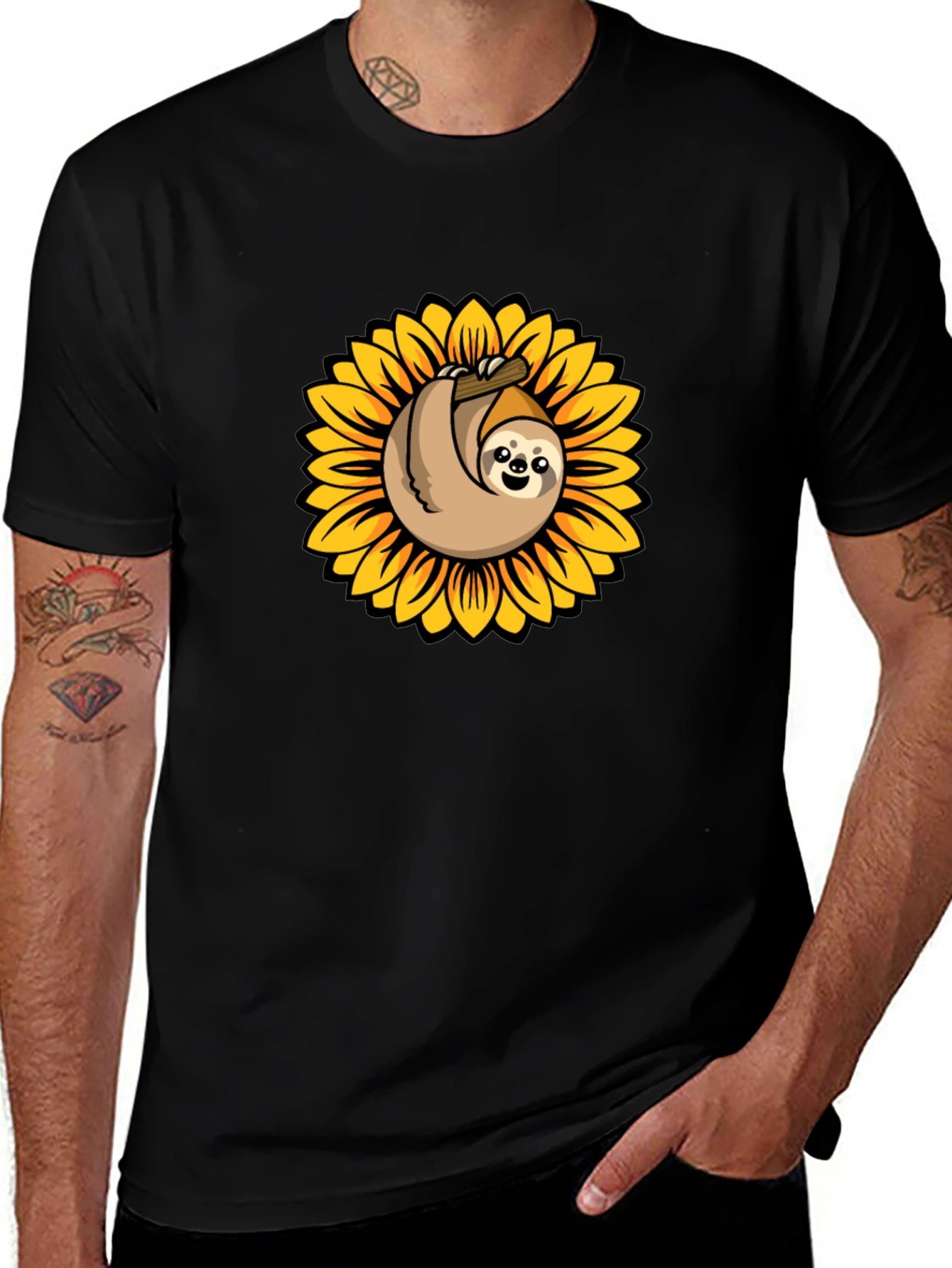 Sloth Sunflower Graphic Tee - Black Cotton T-Shirt