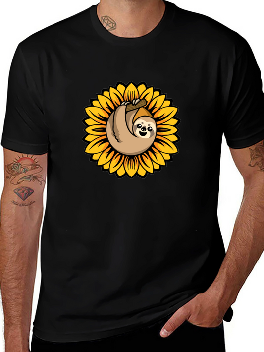 Sloth Sunflower Graphic Tee - Black Cotton T-Shirt