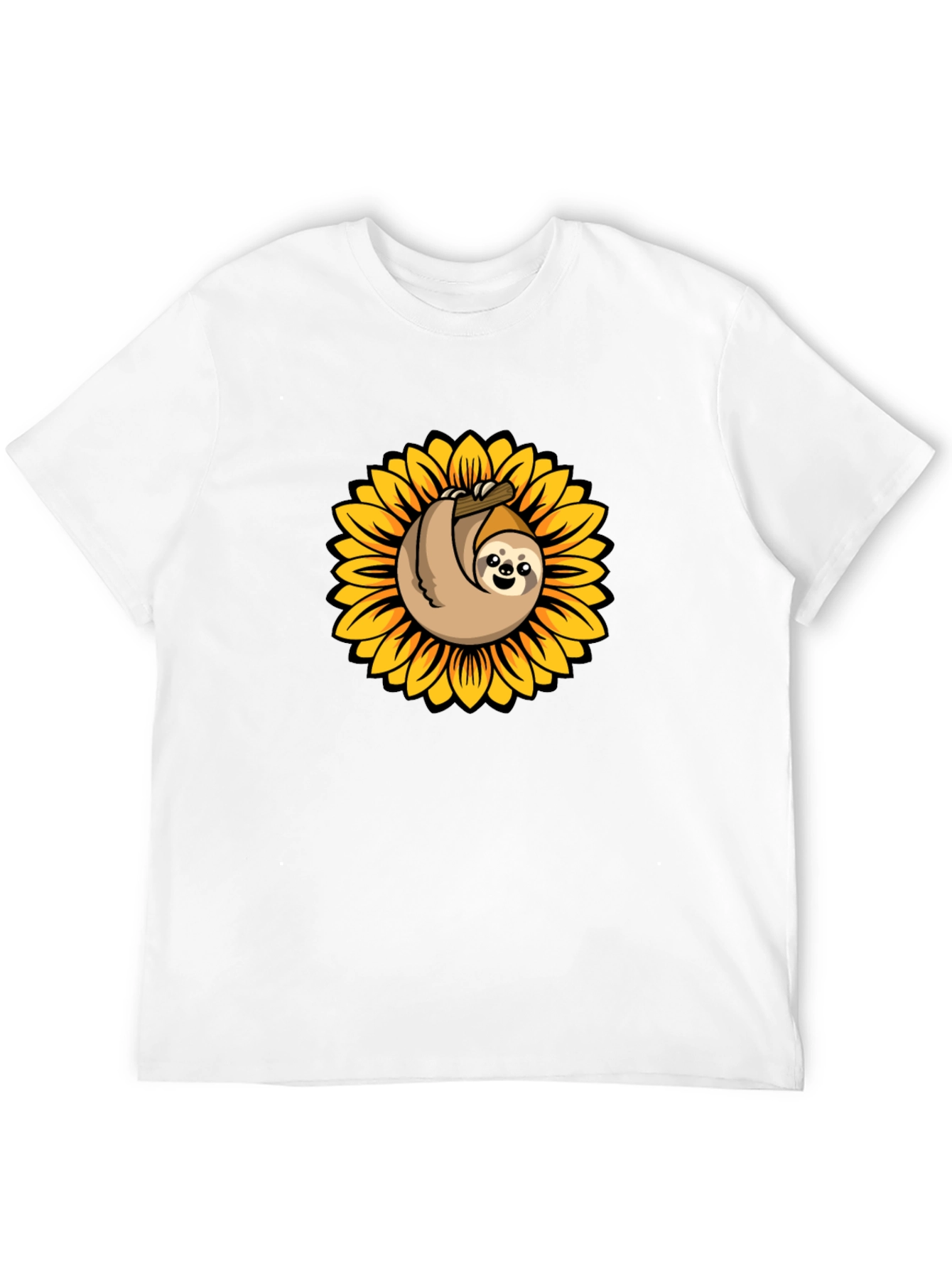 Sloth Sunflower Graphic Tee - Black Cotton T-Shirt