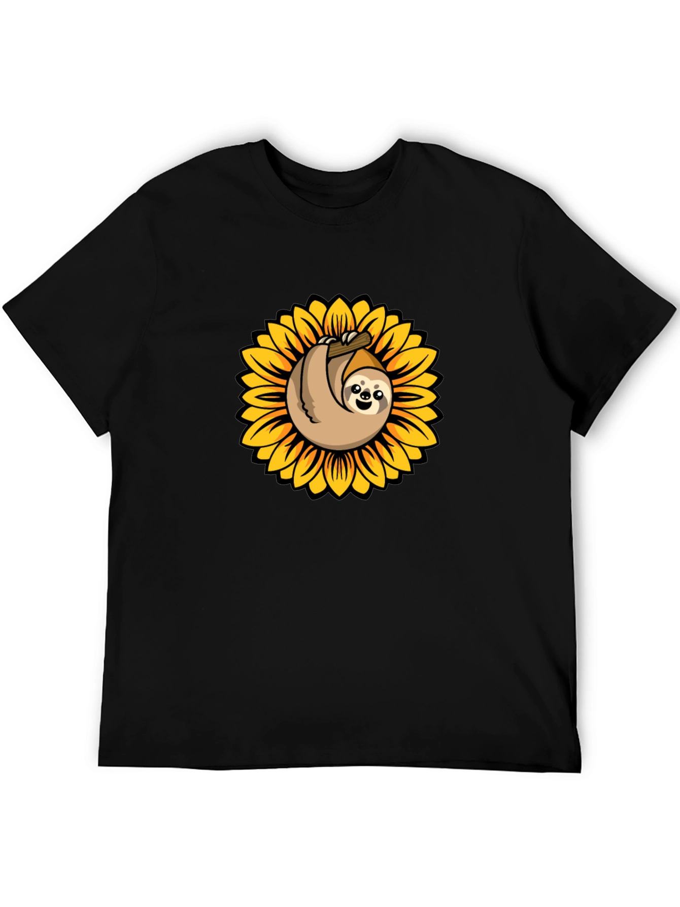 Sloth Sunflower Graphic Tee - Black Cotton T-Shirt