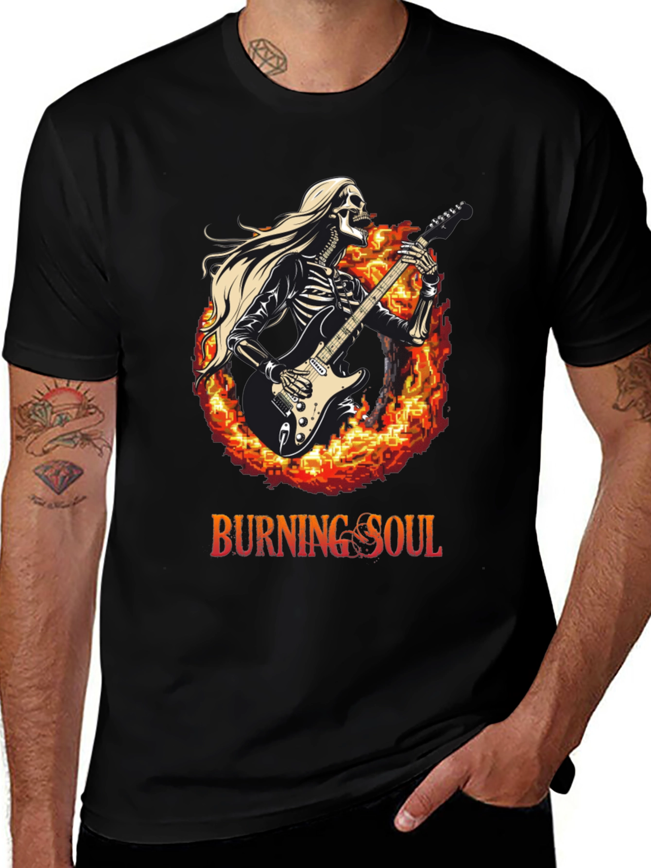 Burning Soul Skeleton Guitarist Black T-Shirt