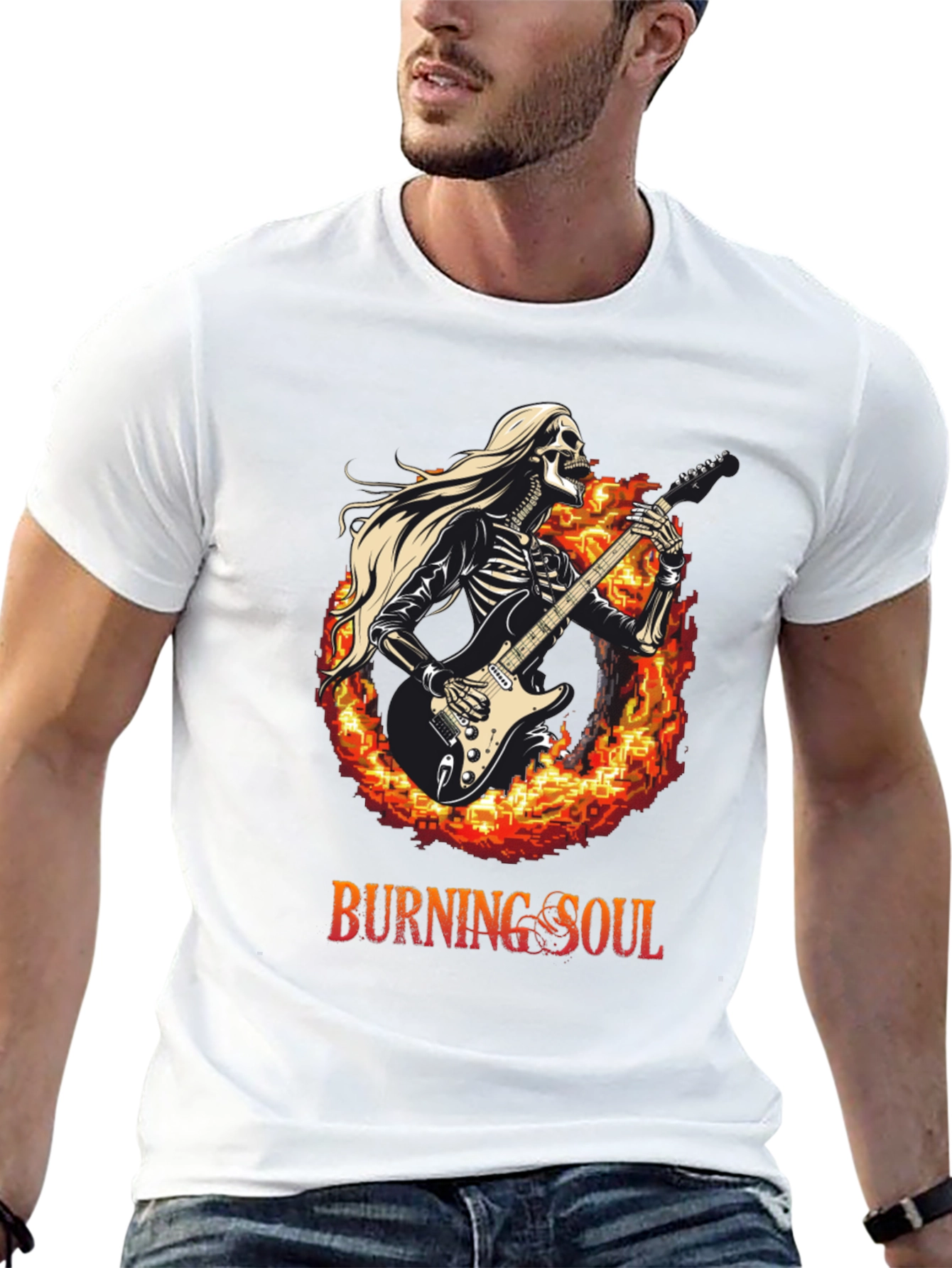 Burning Soul Skeleton Guitarist Black T-Shirt