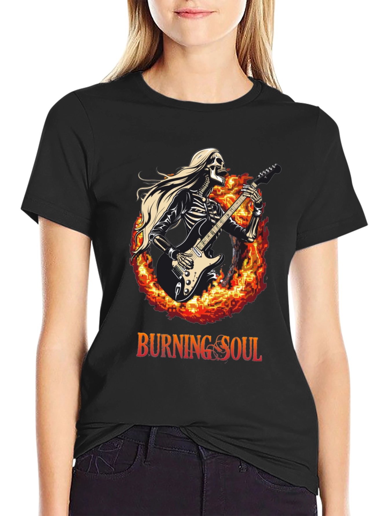 Burning Soul Skeleton Guitarist Black T-Shirt