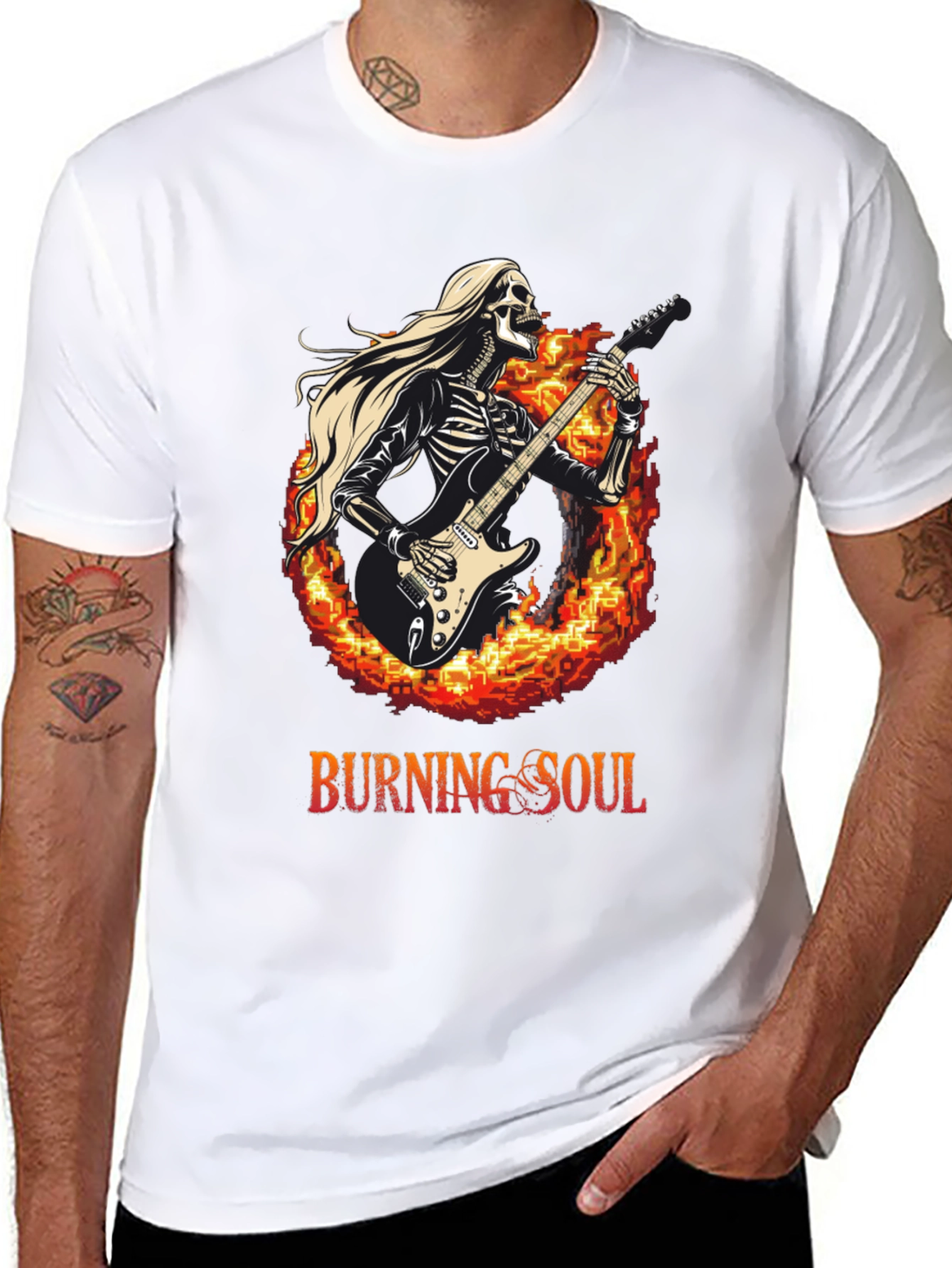 Burning Soul Skeleton Guitarist Black T-Shirt
