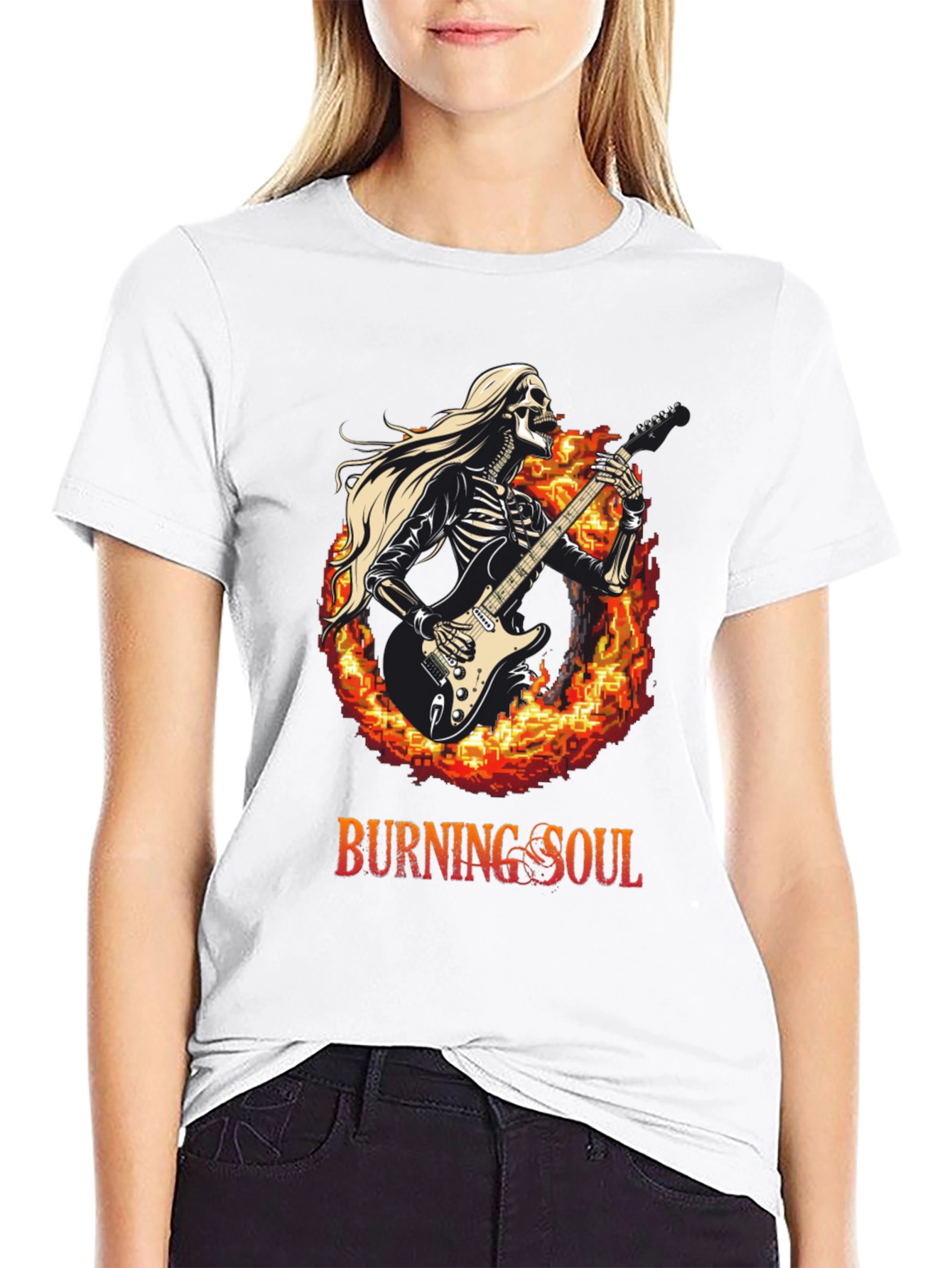Burning Soul Skeleton Guitarist Black T-Shirt