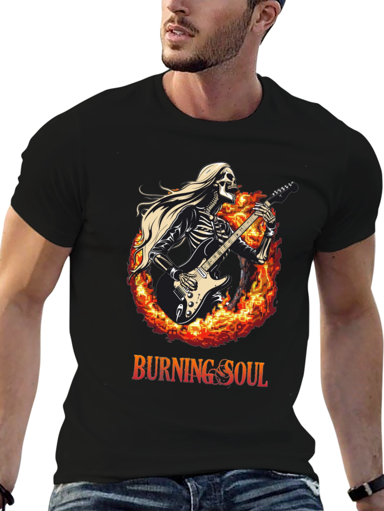 Burning Soul Skeleton Guitarist Black T-Shirt