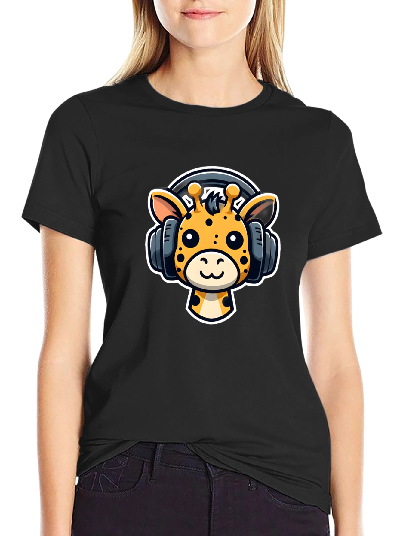 Cartoon Giraffe Headphones Graphic T-Shirt