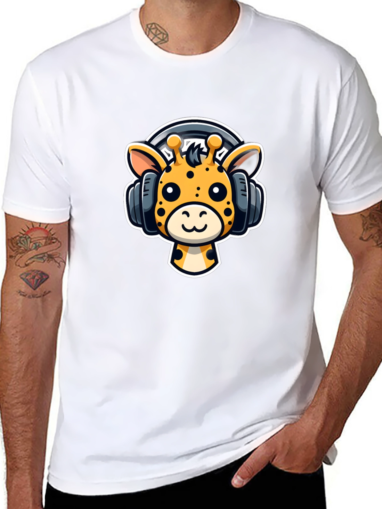 Cartoon Giraffe Headphones Graphic T-Shirt