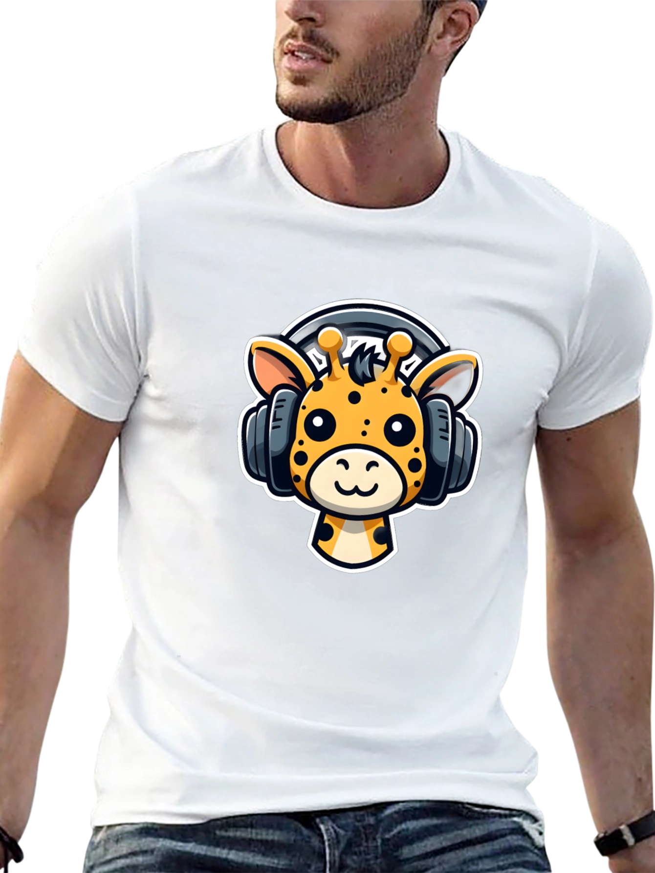 Cartoon Giraffe Headphones Graphic T-Shirt