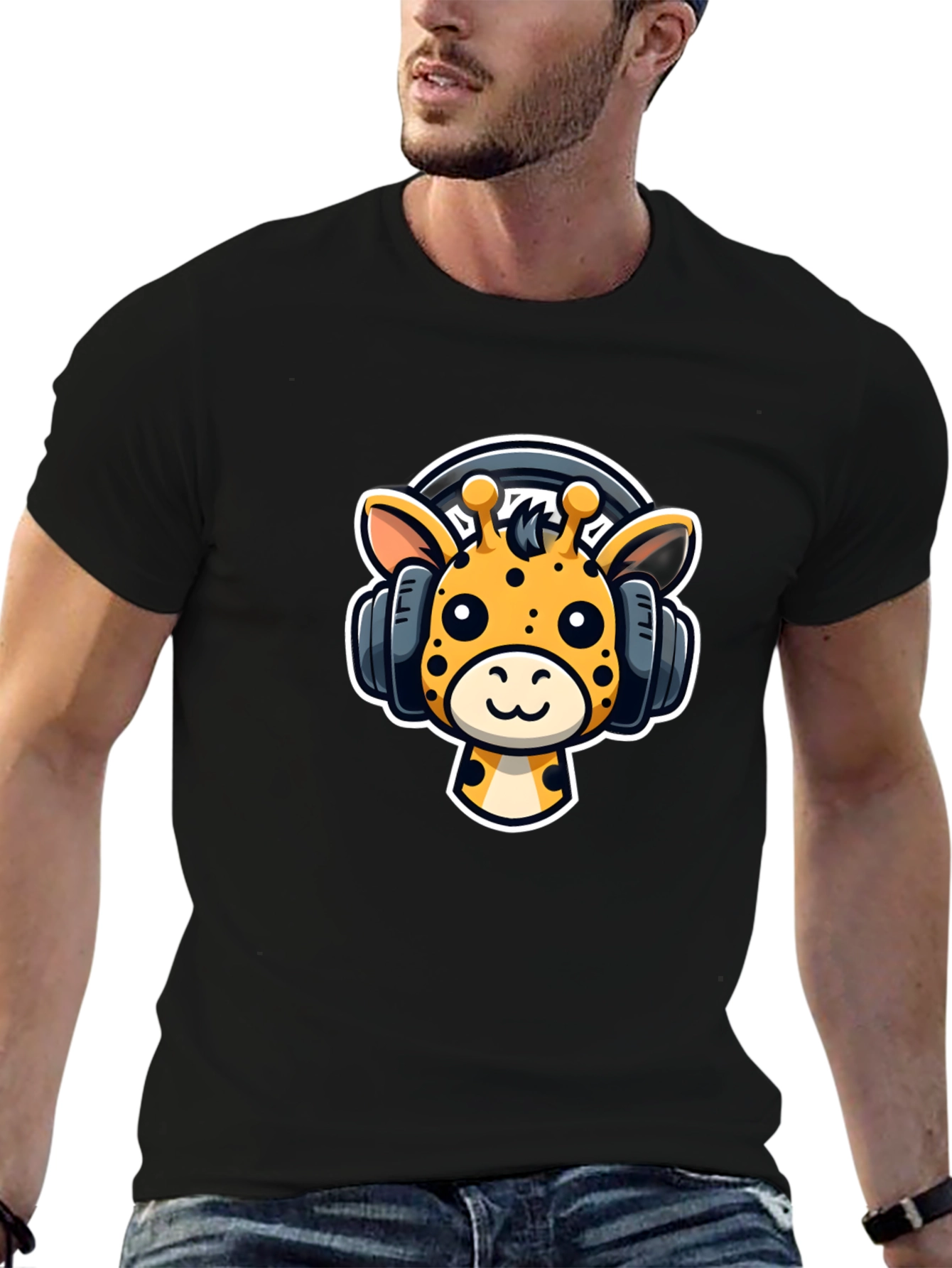 Cartoon Giraffe Headphones Graphic T-Shirt