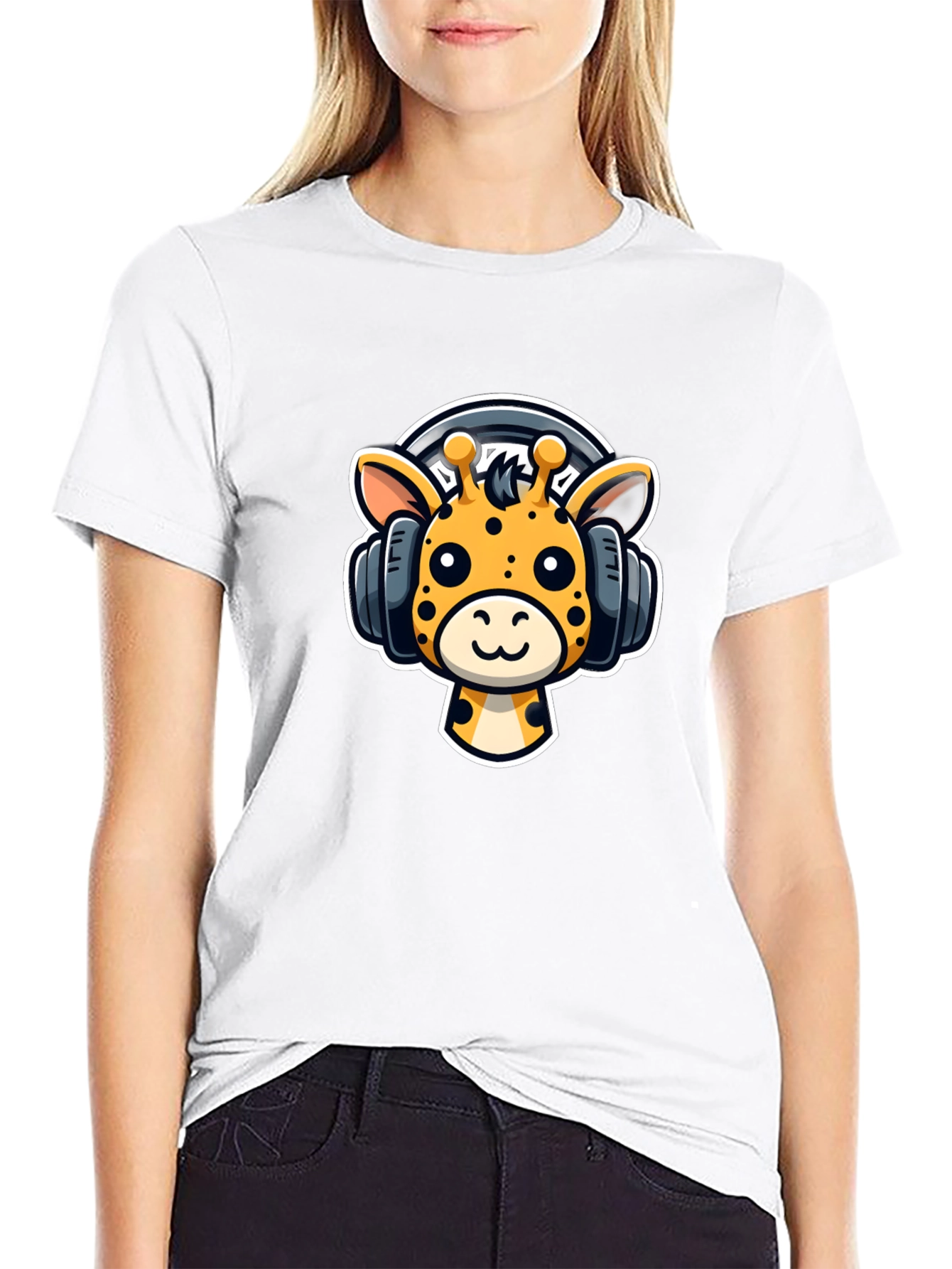 Cartoon Giraffe Headphones Graphic T-Shirt
