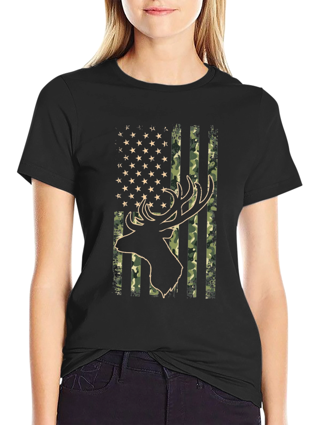 American Flag Camo Deer Head Graphic Tee - Black
