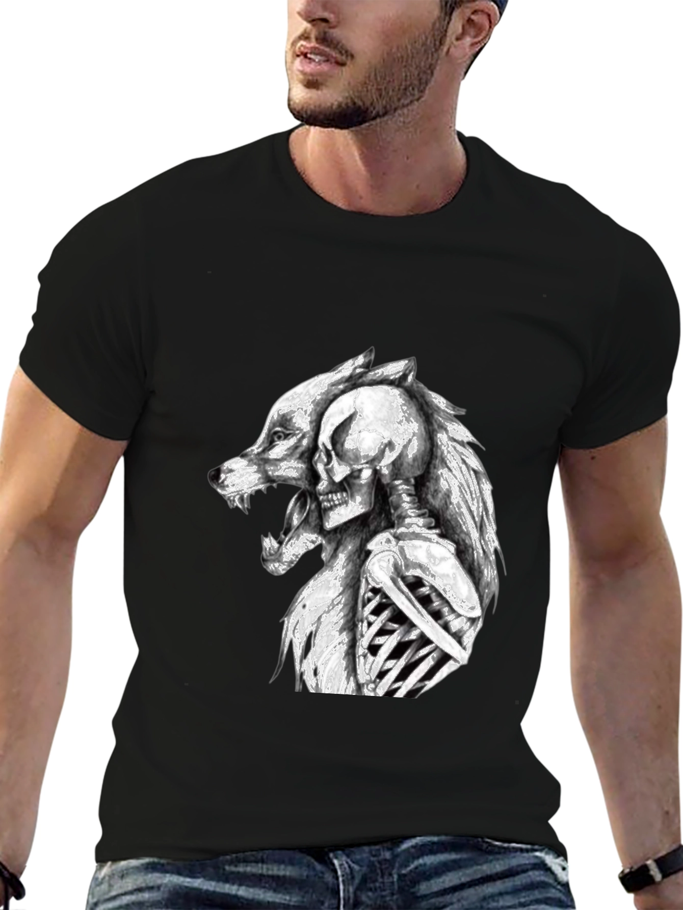 Wolf & Skeleton Graphic Tee - Black Unisex T-Shirt