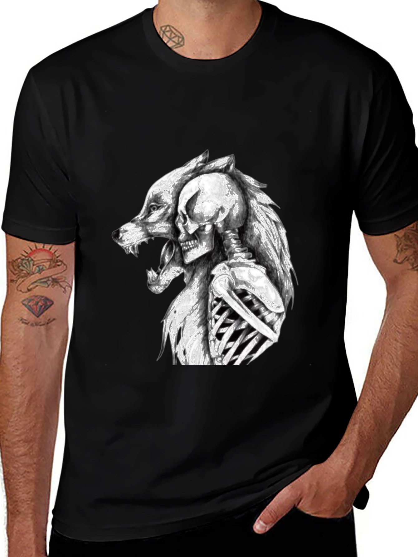 Wolf & Skeleton Graphic Tee - Black Unisex T-Shirt