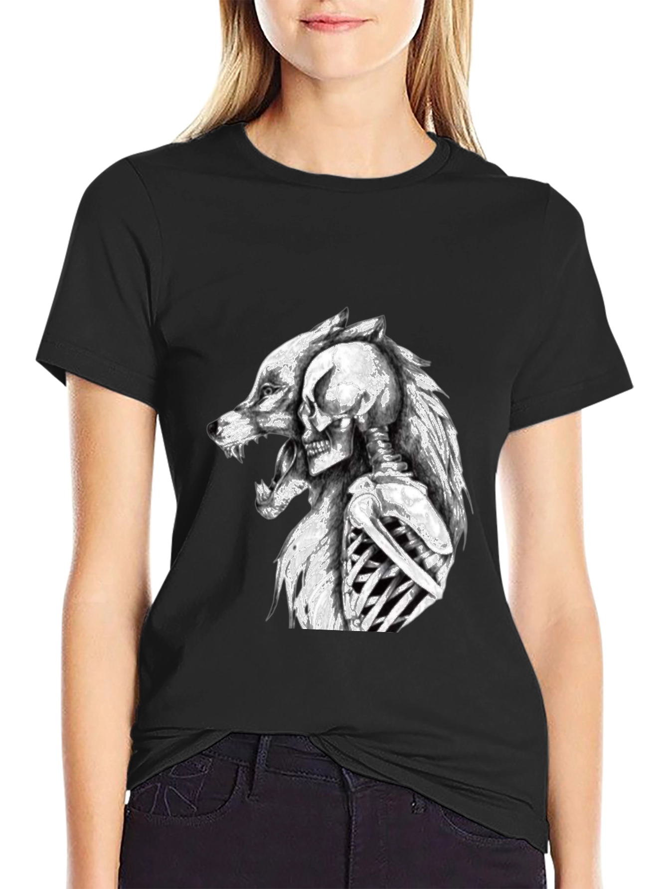 Wolf & Skeleton Graphic Tee - Black Unisex T-Shirt