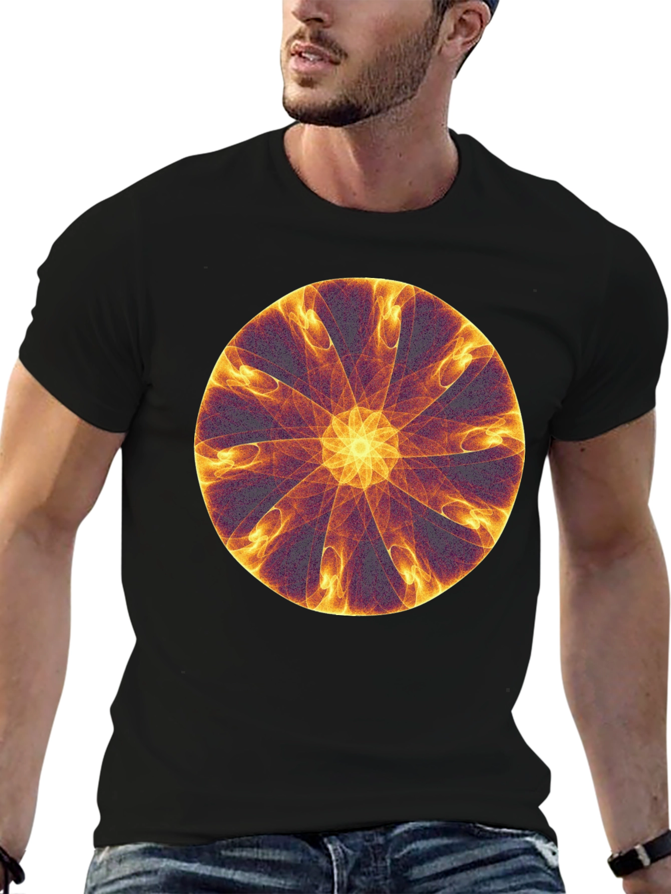 Abstract Fire Mandala Graphic Tee - Black