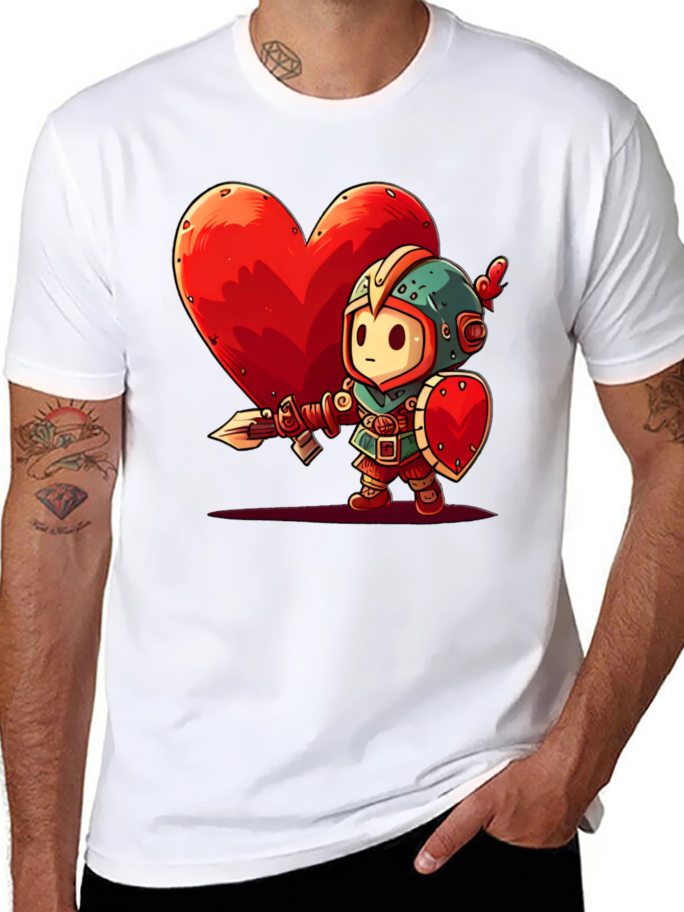 Cartoon Knight Heart Graphic T-Shirt - Black