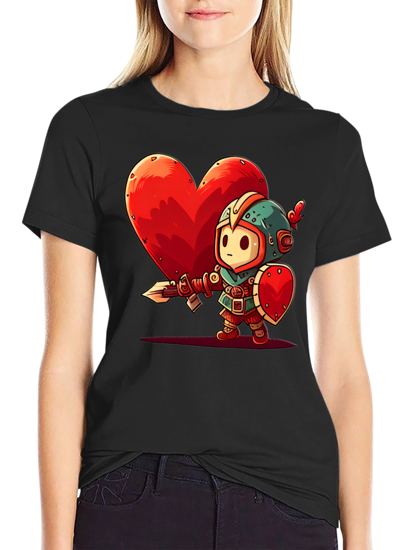 Cartoon Knight Heart Graphic T-Shirt - Black
