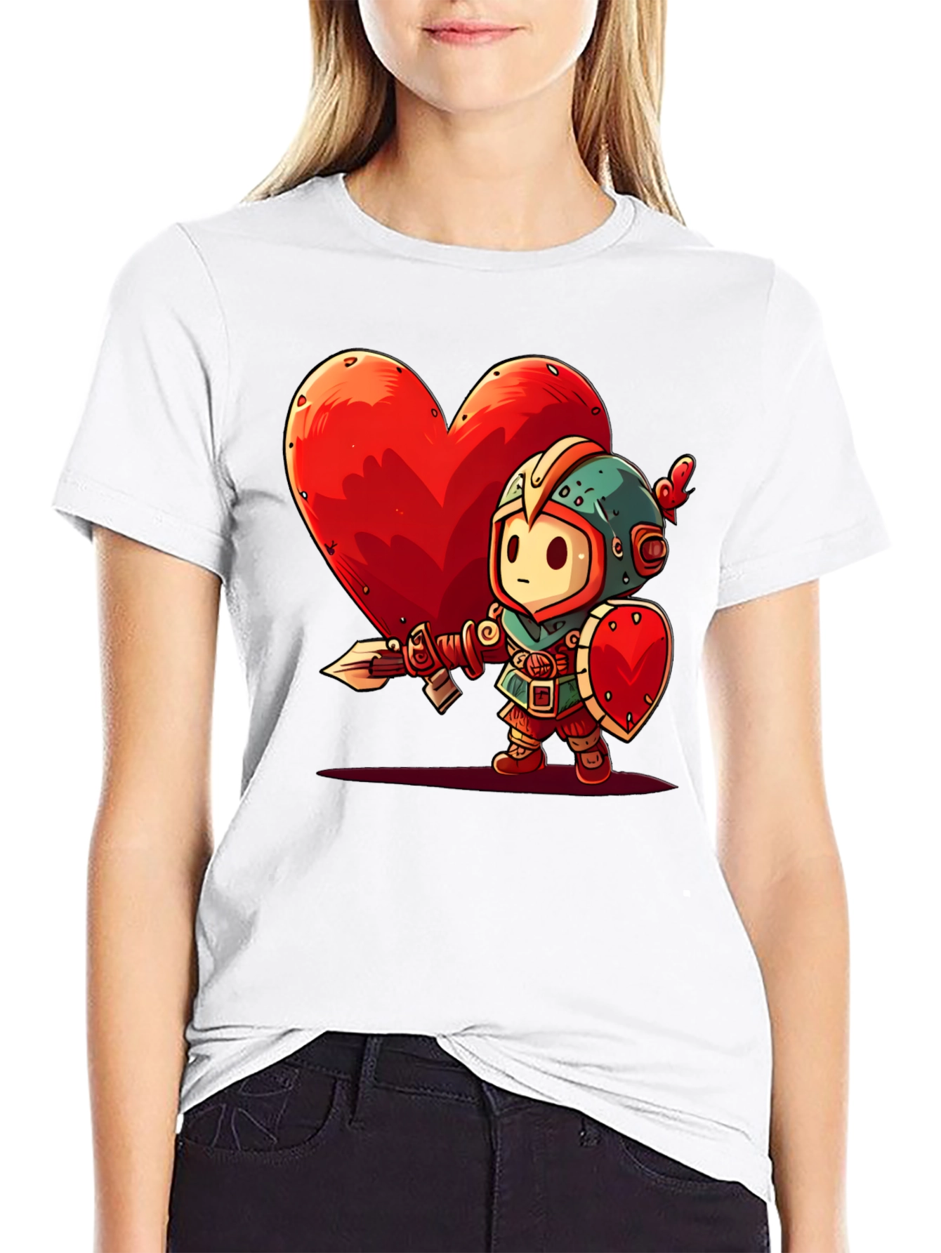 Cartoon Knight Heart Graphic T-Shirt - Black
