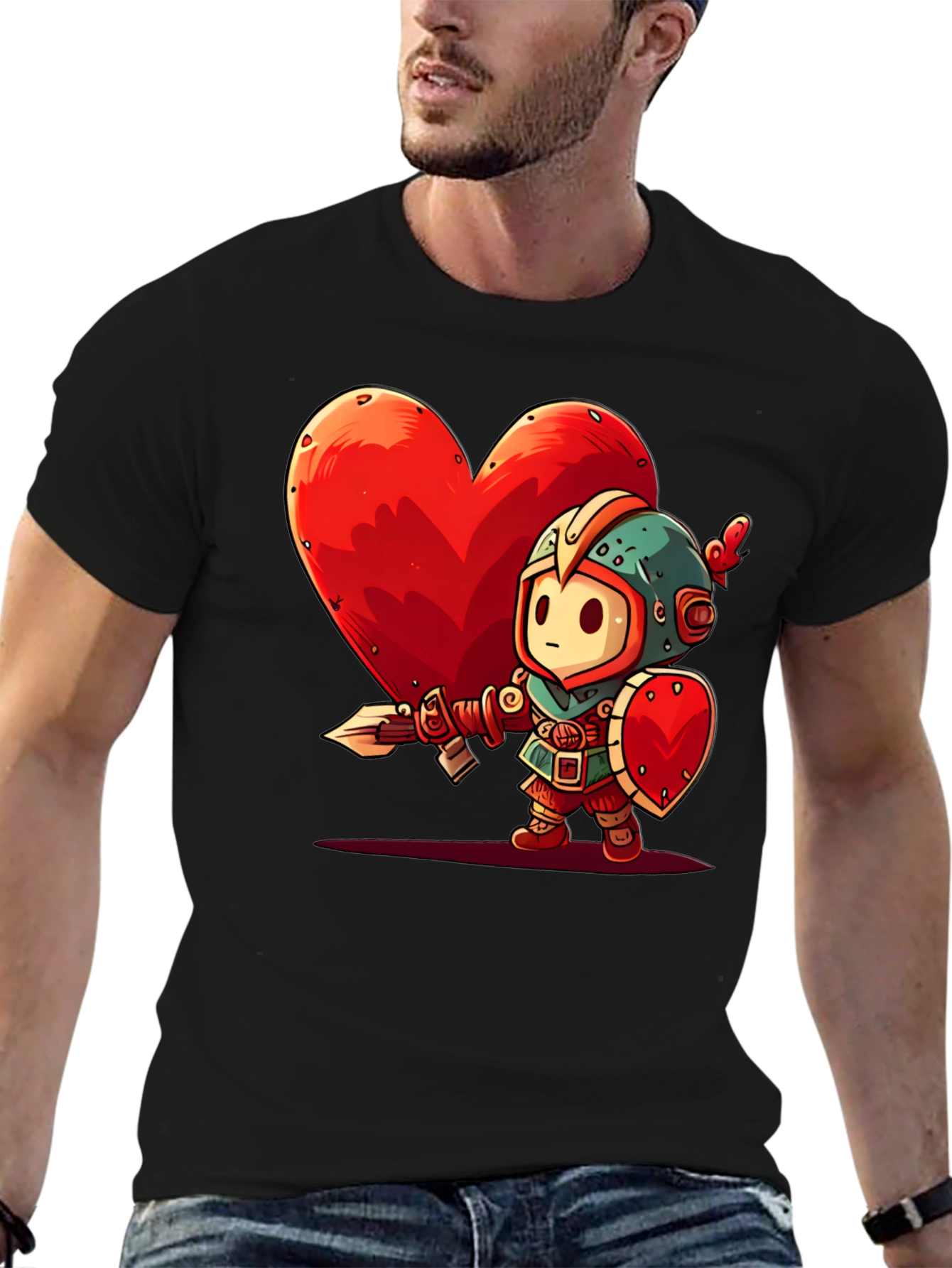 Cartoon Knight Heart Graphic T-Shirt - Black