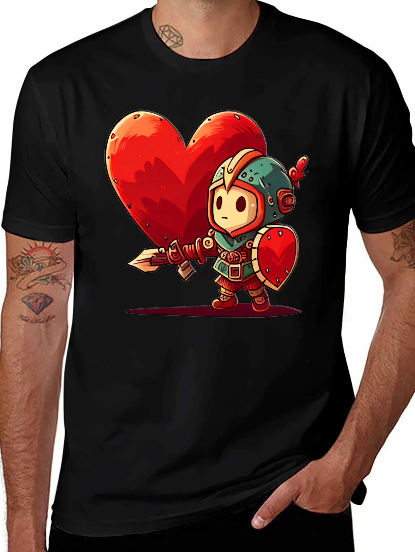 Cartoon Knight Heart Graphic T-Shirt - Black