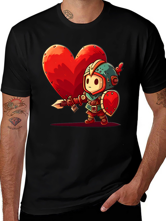 Cartoon Knight Heart Graphic T-Shirt - Black