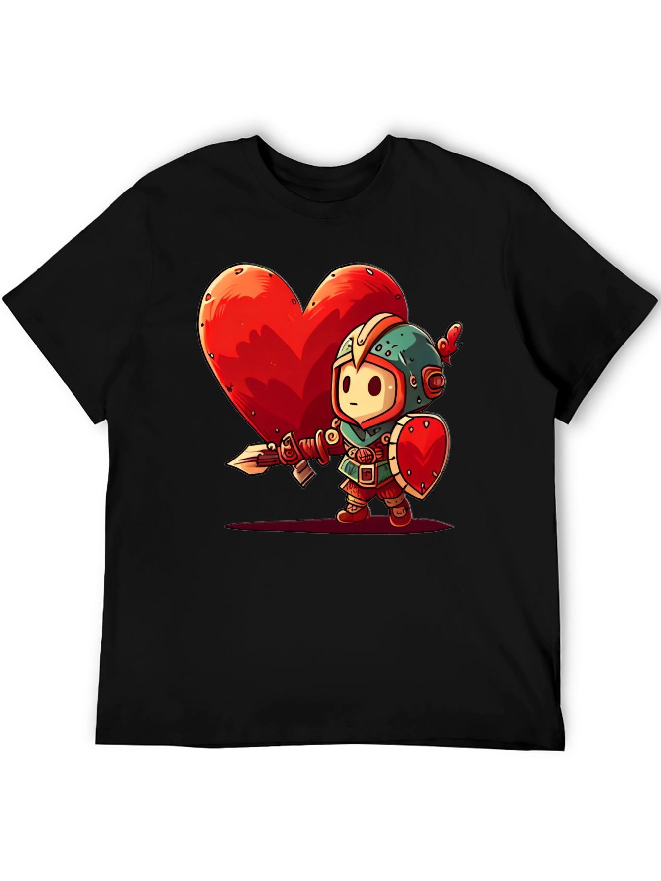 Cartoon Knight Heart Graphic T-Shirt - Black