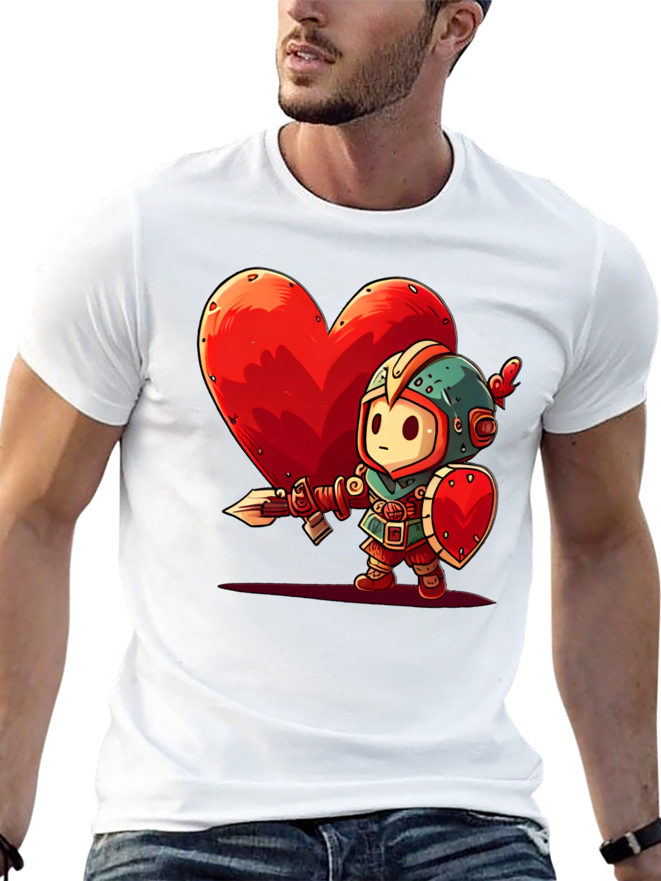 Cartoon Knight Heart Graphic T-Shirt - Black