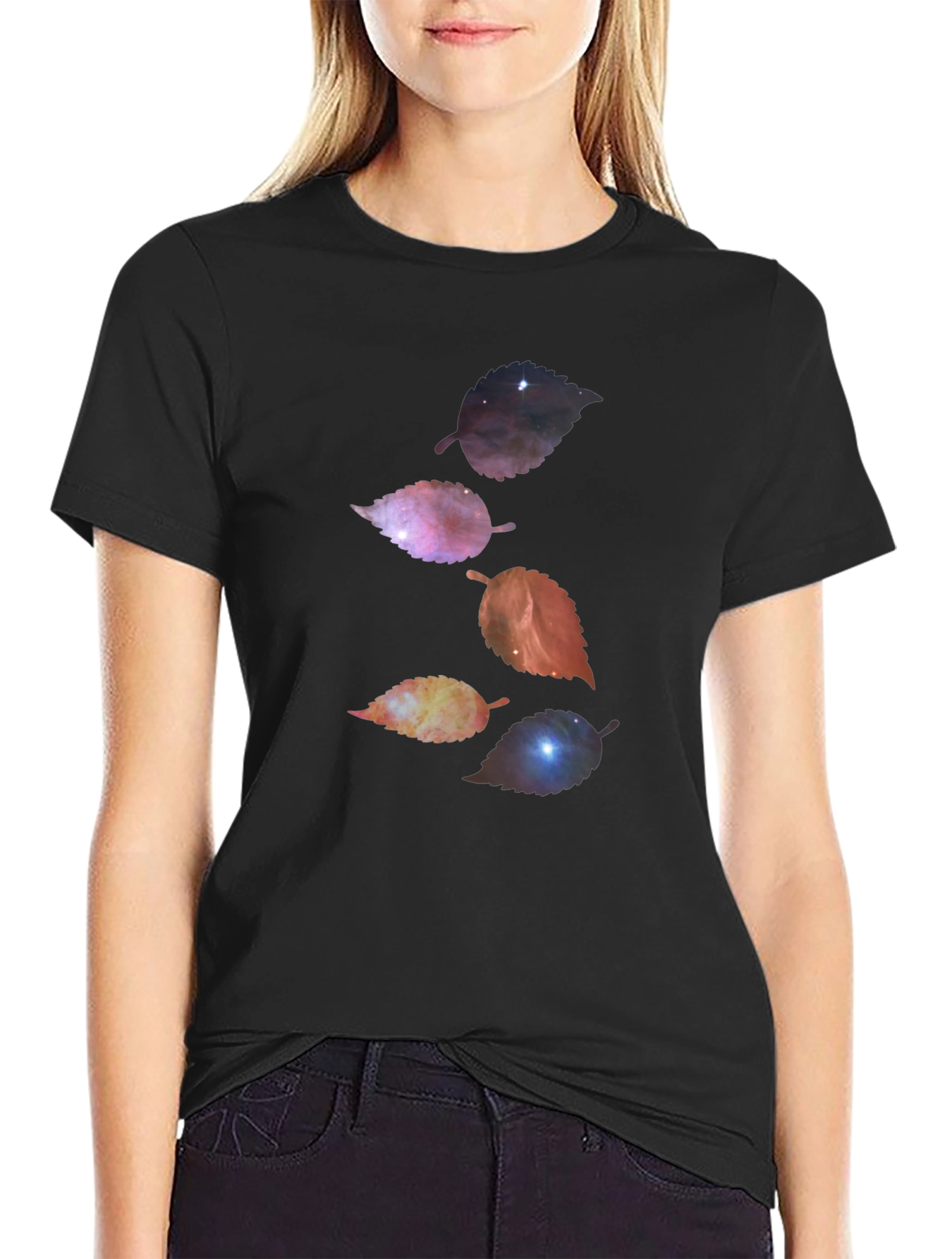 Galaxy Leaf Graphic Tee - Soft Black Cotton