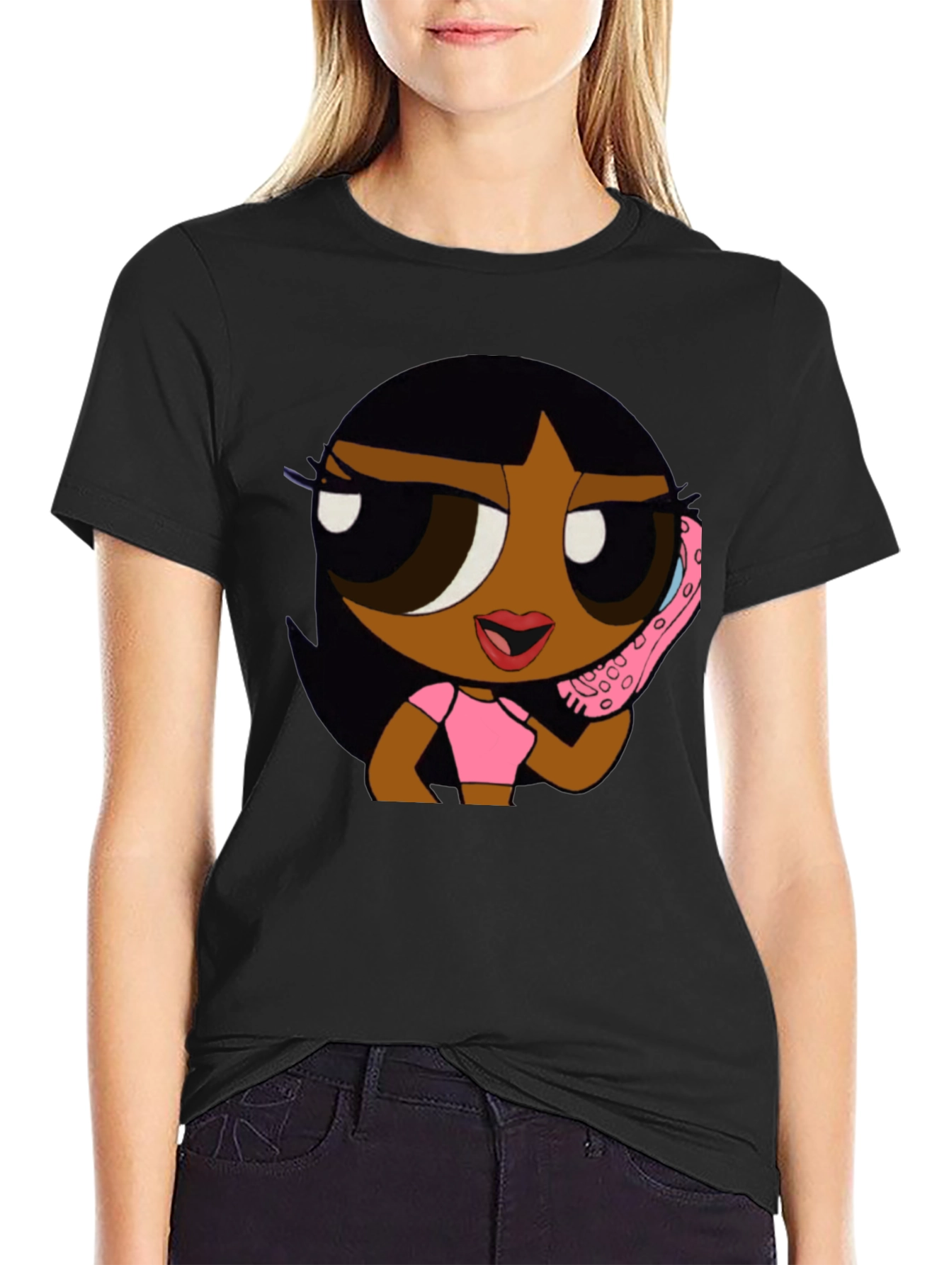 Cartoon Girl Black T-Shirt - Stylish Graphic Tee