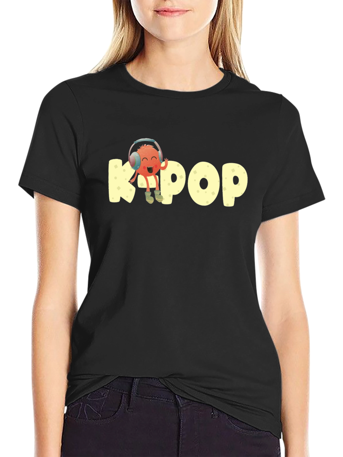 K-Pop Cartoon Graphic Tee - Black
