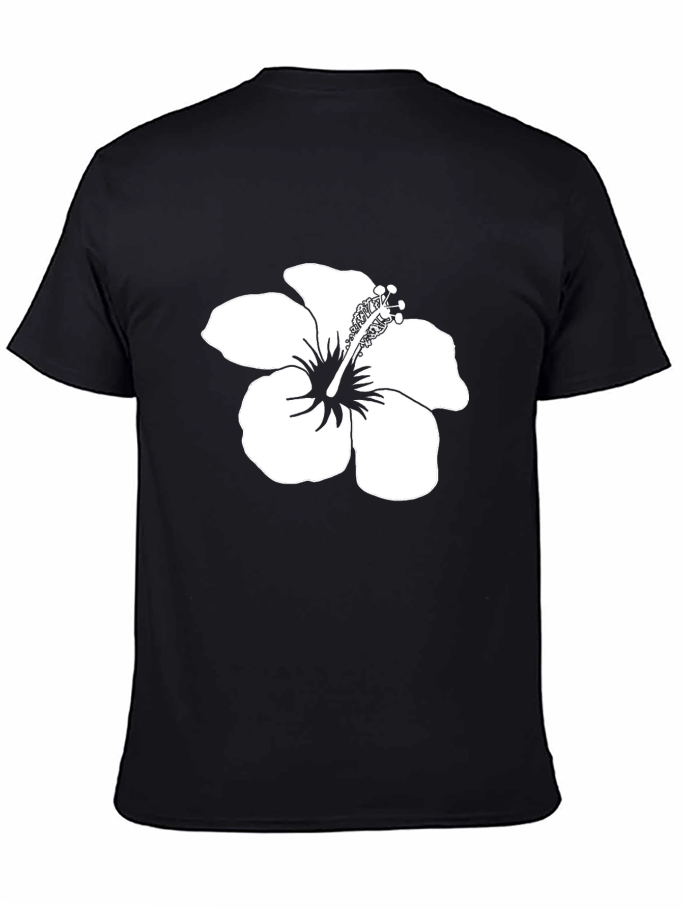 Black T-Shirt with White Hibiscus Flower Print