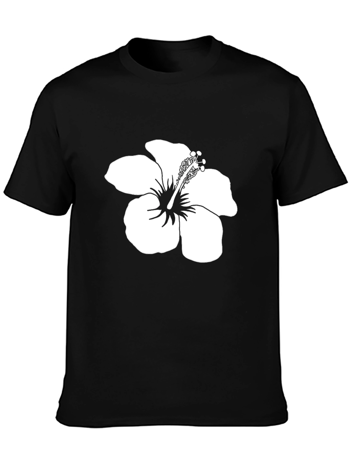Black T-Shirt with White Hibiscus Flower Print