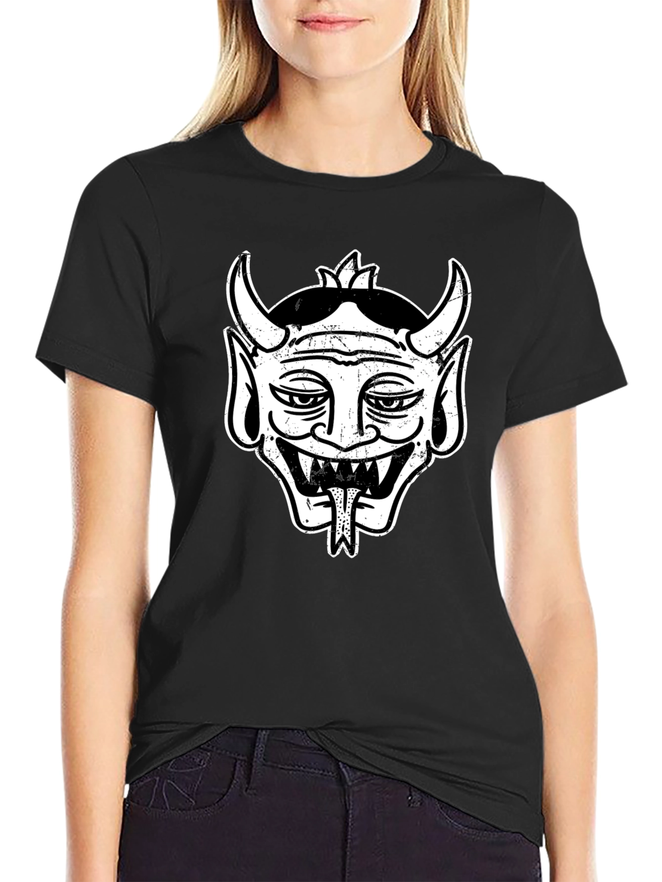 Black Tee with Retro Devil Graphic